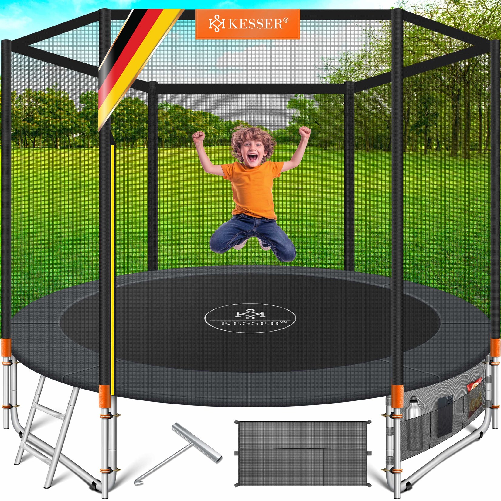 ® - Trampolin    TÜV Rheinland GS Zertifiziert   Komplettset mit Sicherheitsnetz, Leiter,  Randabdeckung, Seitentasche & Zubehör   Kindertrampolin Gartentrampolin Belastbarkeit