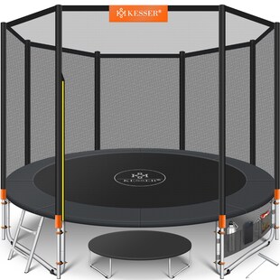 KESSER® - Trampolin  | TÜV Rheinland GS Zertifiziert | Komplettset mit Sicherheitsnetz, Leiter,  Randabdeckung, Seitentasche & Zubehör | Kindertrampolin Gartentrampolin Belastbarkeit 150 kg 