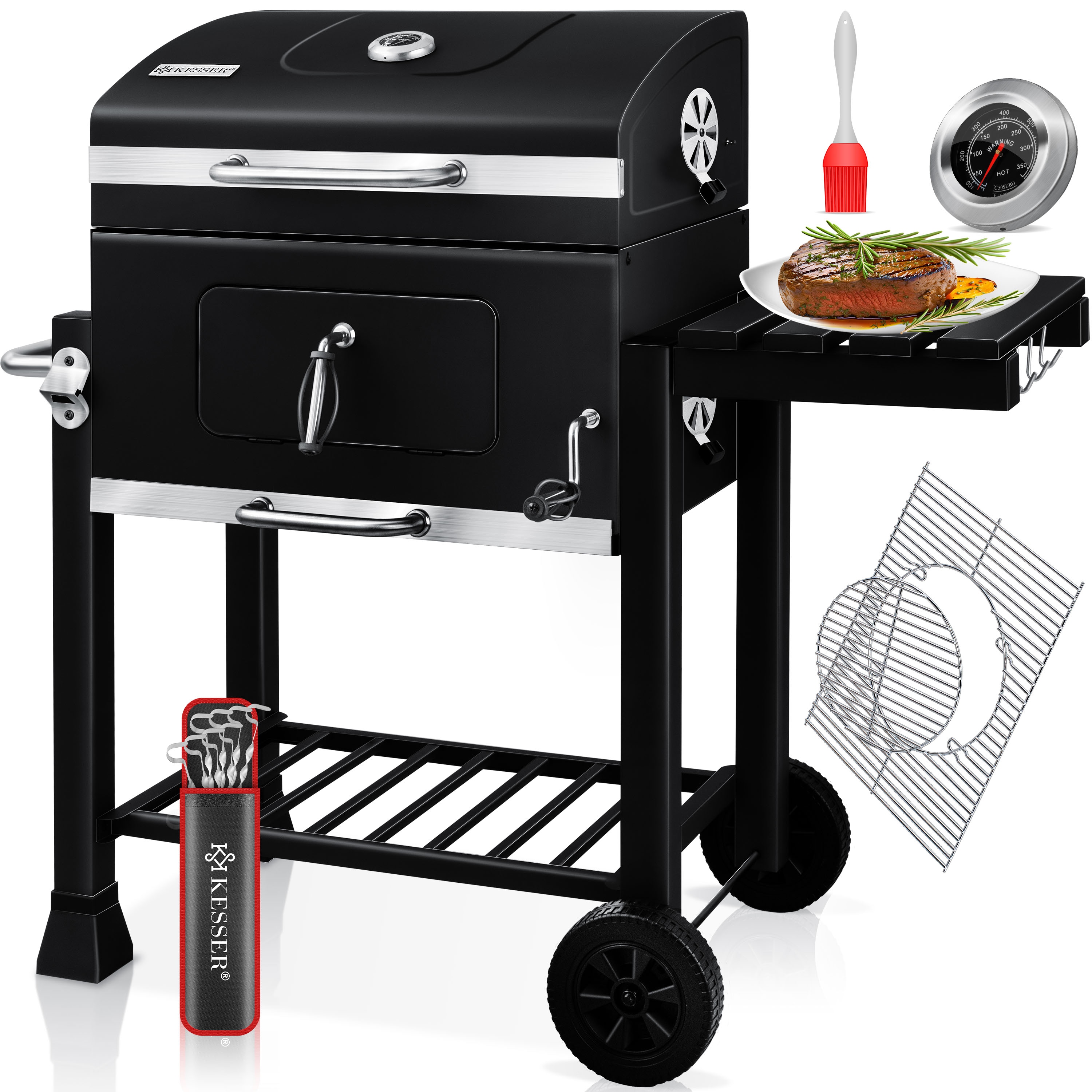 KESSER&reg; Grill Grillwagen XXL Holzkohlegrill mit Deckel, R&auml;dern, Edelstahl-Griff, Grillrost und Thermometer Holzkohle kohlegrill Wagen gro&szlig; Kohle BBQ Barbeque Camping, Terrasse, Garten 