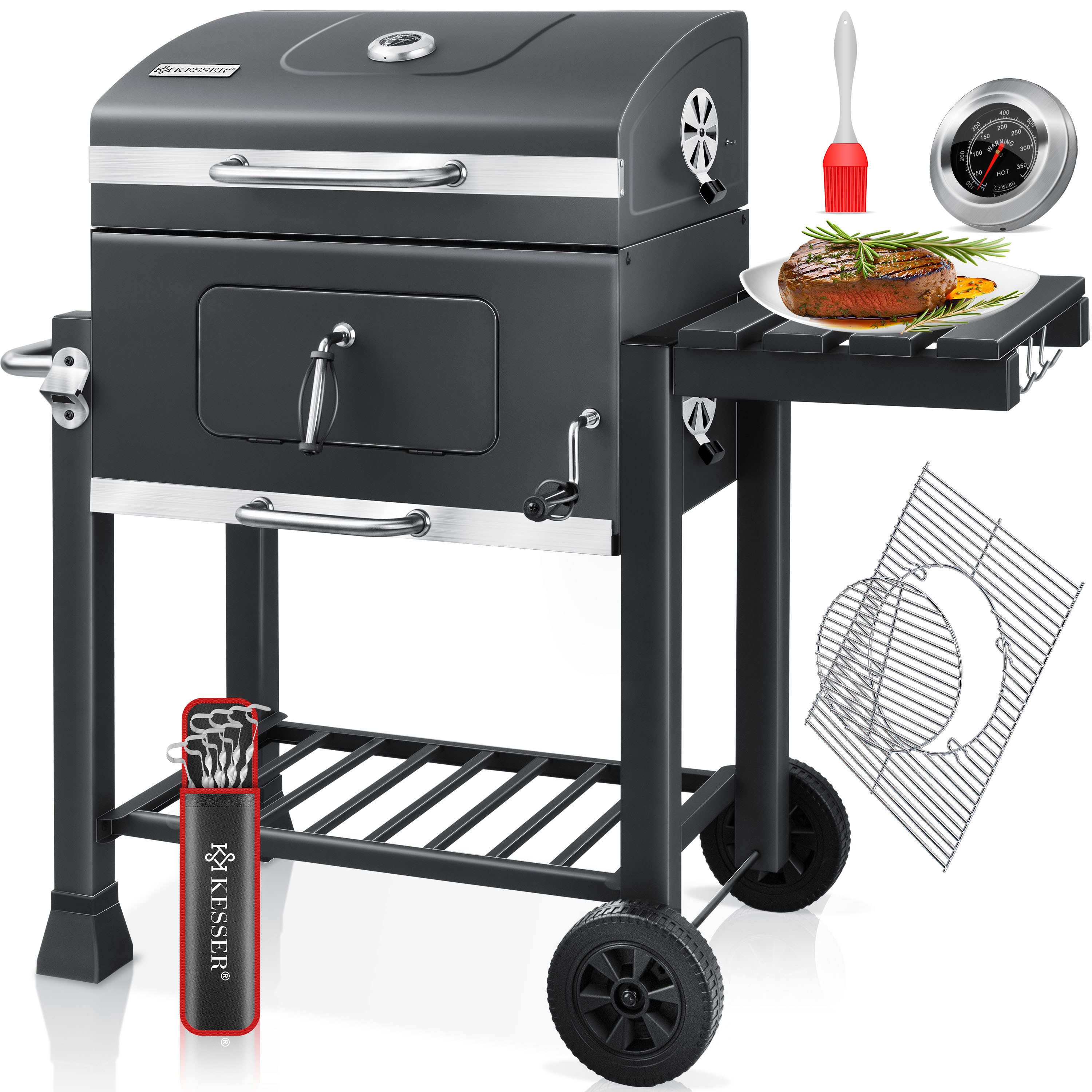 KESSER&reg; Grill Grillwagen XXL Holzkohlegrill mit Deckel, R&auml;dern, Edelstahl-Griff, Grillrost und Thermometer Holzkohle kohlegrill Wagen gro&szlig; Kohle BBQ Barbeque Camping, Terrasse, Garten 