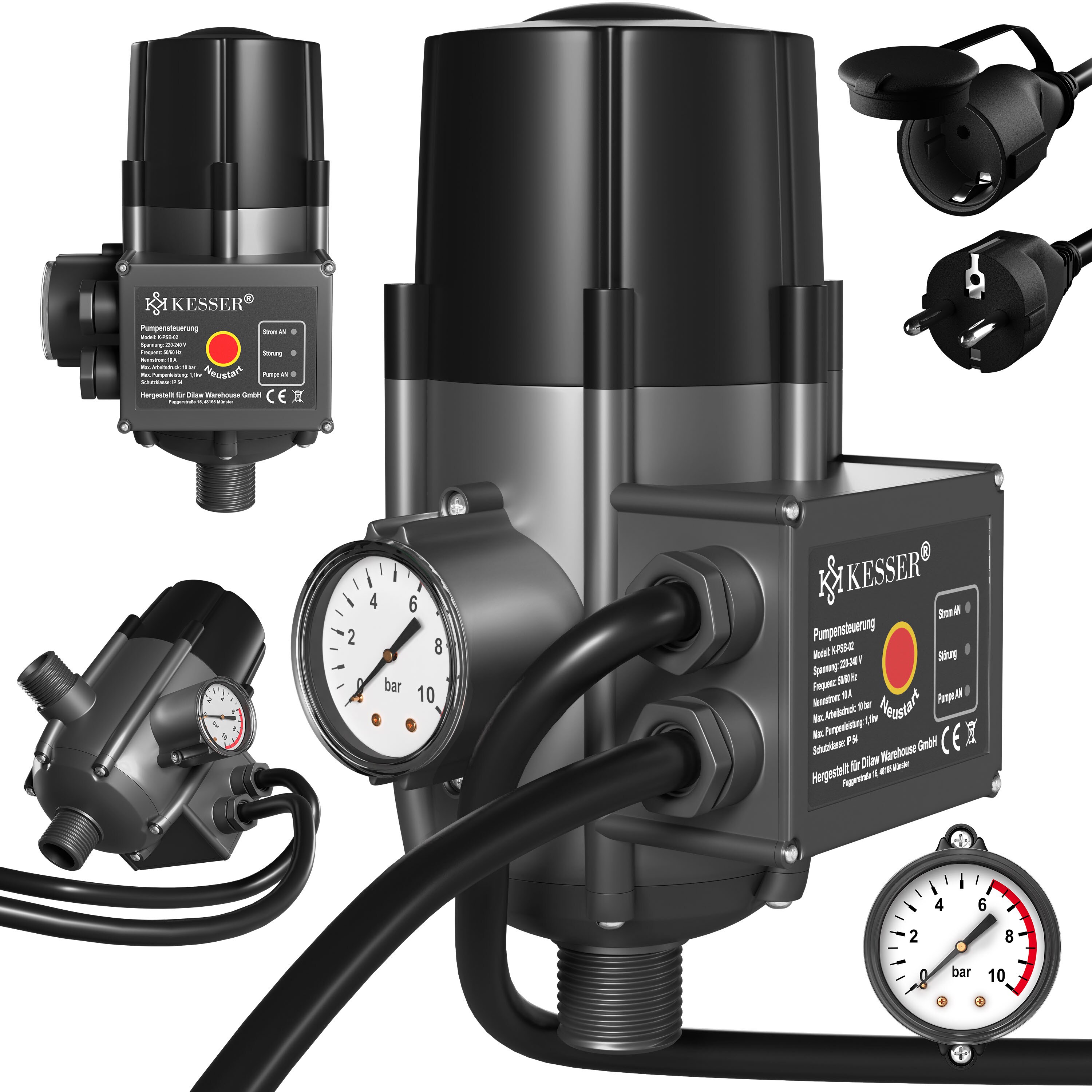 KESSER&reg; Pumpensteuerung mit Baranzeige mit Kabel 10 bar Druckw&auml;chter elektrisch Druckschalter &uuml;berwacht den Wasserdruck - automatisches Ein- und Ausschalten 