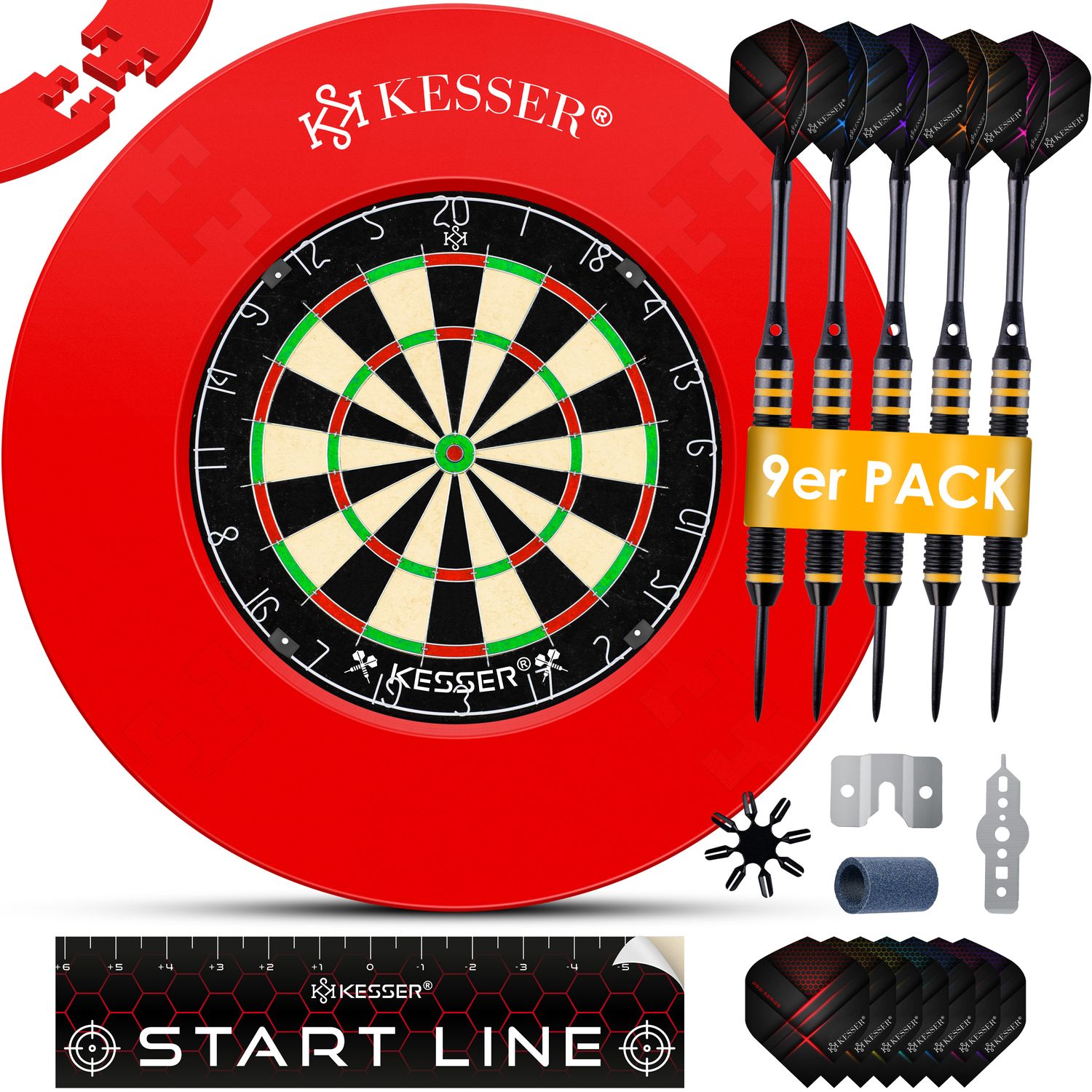 KESSER&reg; Dartscheibe Sisal mit 9 Dartpfeile Professional Dartboard + 21 Pro Flights + Zubeh&ouml;r Steeldart Offizielles Dartscheibe 9 Pfeilen Metallspitze Profi Steeldartscheibe - Dartboard inkl. Montageset 