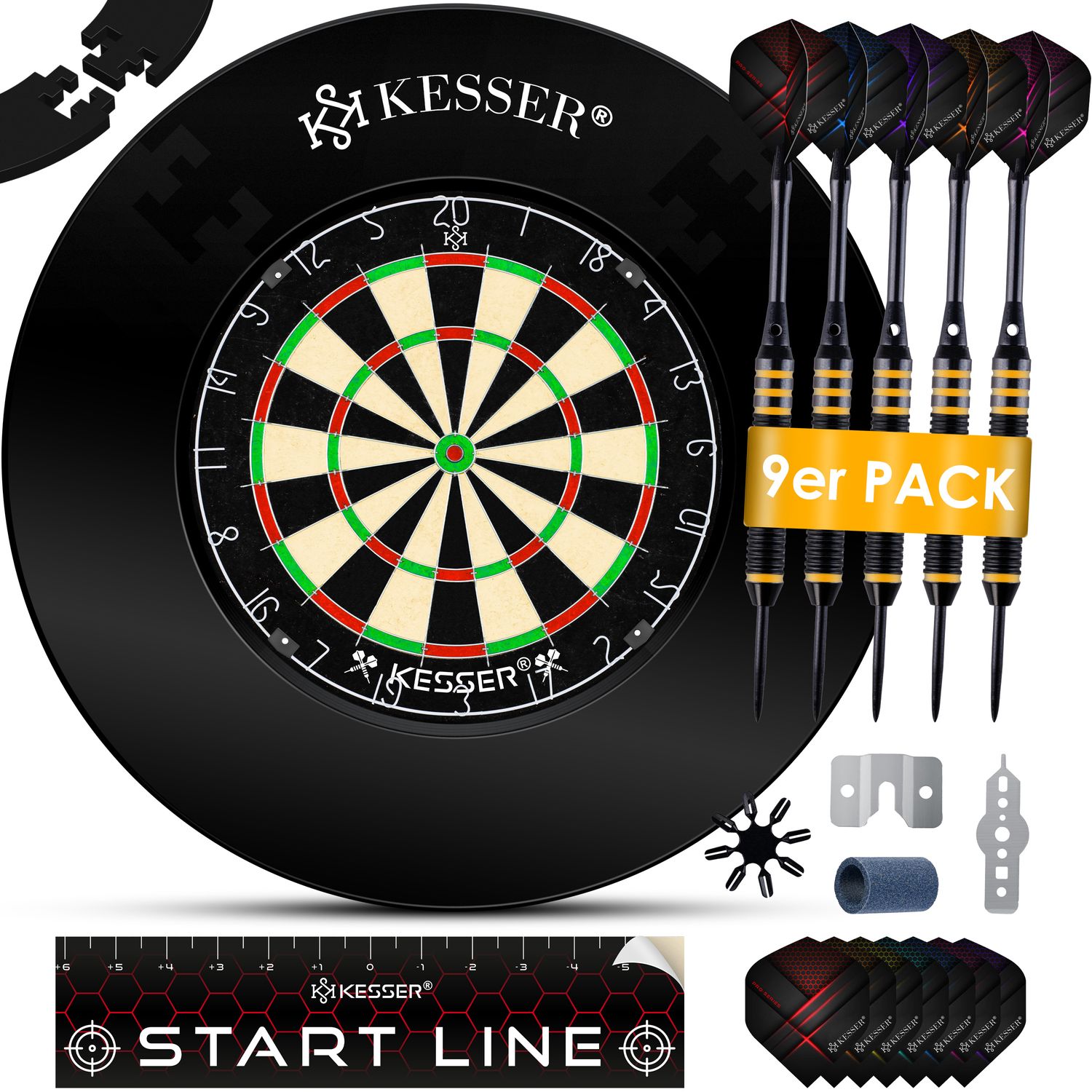 KESSER&reg; Dartscheibe Sisal mit 9 Dartpfeile Professional Dartboard + 21 Pro Flights + Zubeh&ouml;r Steeldart Offizielles Dartscheibe 9 Pfeilen Metallspitze Profi Steeldartscheibe - Dartboard inkl. Montageset 