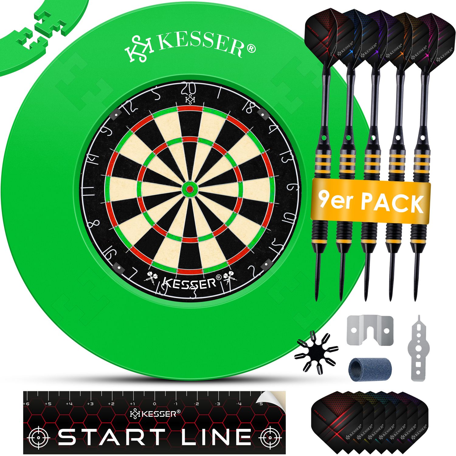 KESSER&reg; Dartscheibe Sisal mit 9 Dartpfeile Professional Dartboard + 21 Pro Flights + Zubeh&ouml;r Steeldart Offizielles Dartscheibe 9 Pfeilen Metallspitze Profi Steeldartscheibe - Dartboard inkl. Montageset 