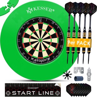 KESSER® Dartscheibe kork mit 9 Dartpfeile Professional Dartboard + 21 Pro Flights + Zubehör Steeldart Offizielles Dartscheibe 9 Pfeilen Metallspitze Profi Steeldartscheibe - Dartboard inkl. Montageset 
