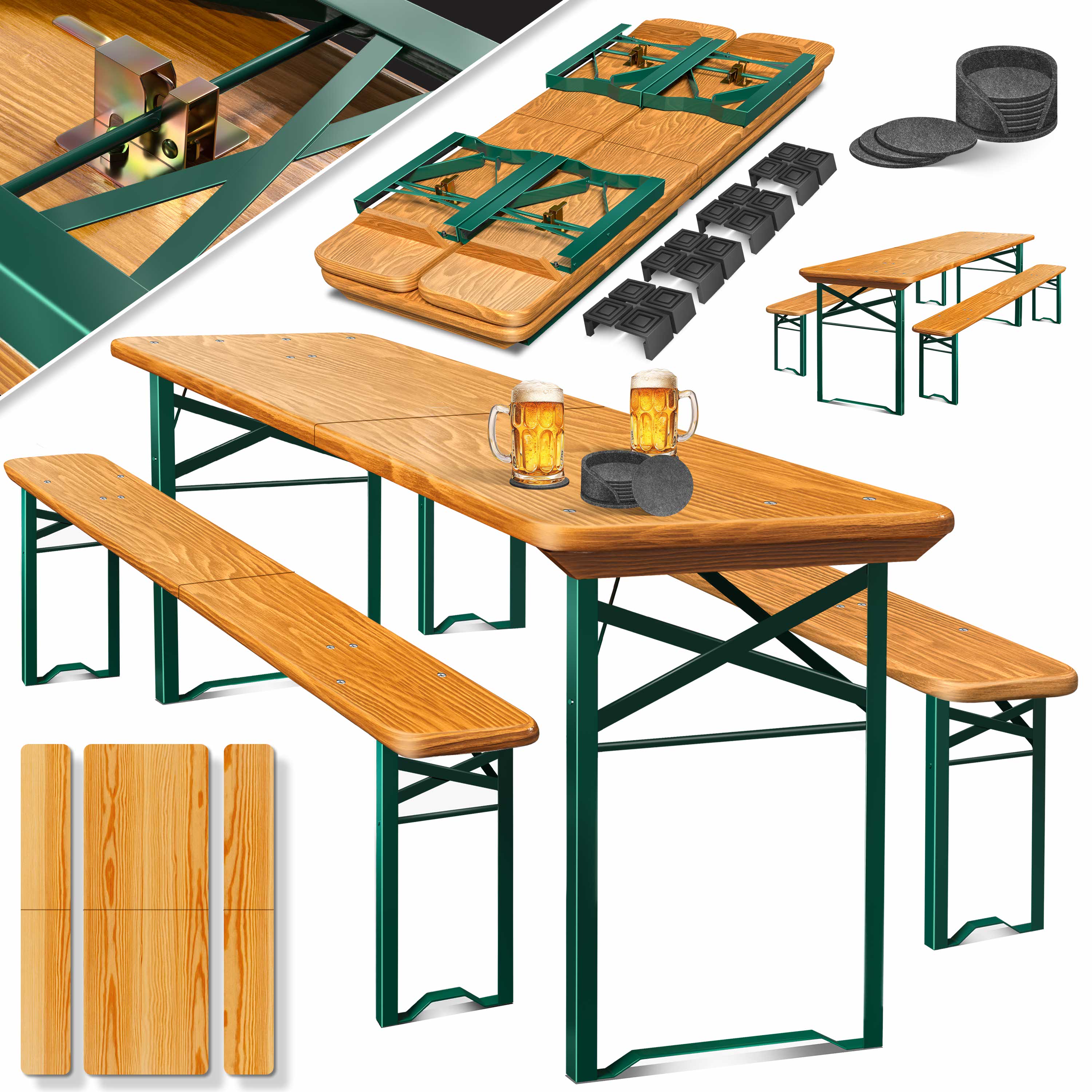 KESSER&reg; Bierzeltgarnitur 3 teilig Gartenm&ouml;bel-Set | Klappbar 170 x 46 x 75cm | 2X Bierb&auml;nke 1x Biertisch | Festzeltgarnitur Biertisch Stehtisch Sitzgarnitur Holz 12-teiliges Bodenschoner-Set 