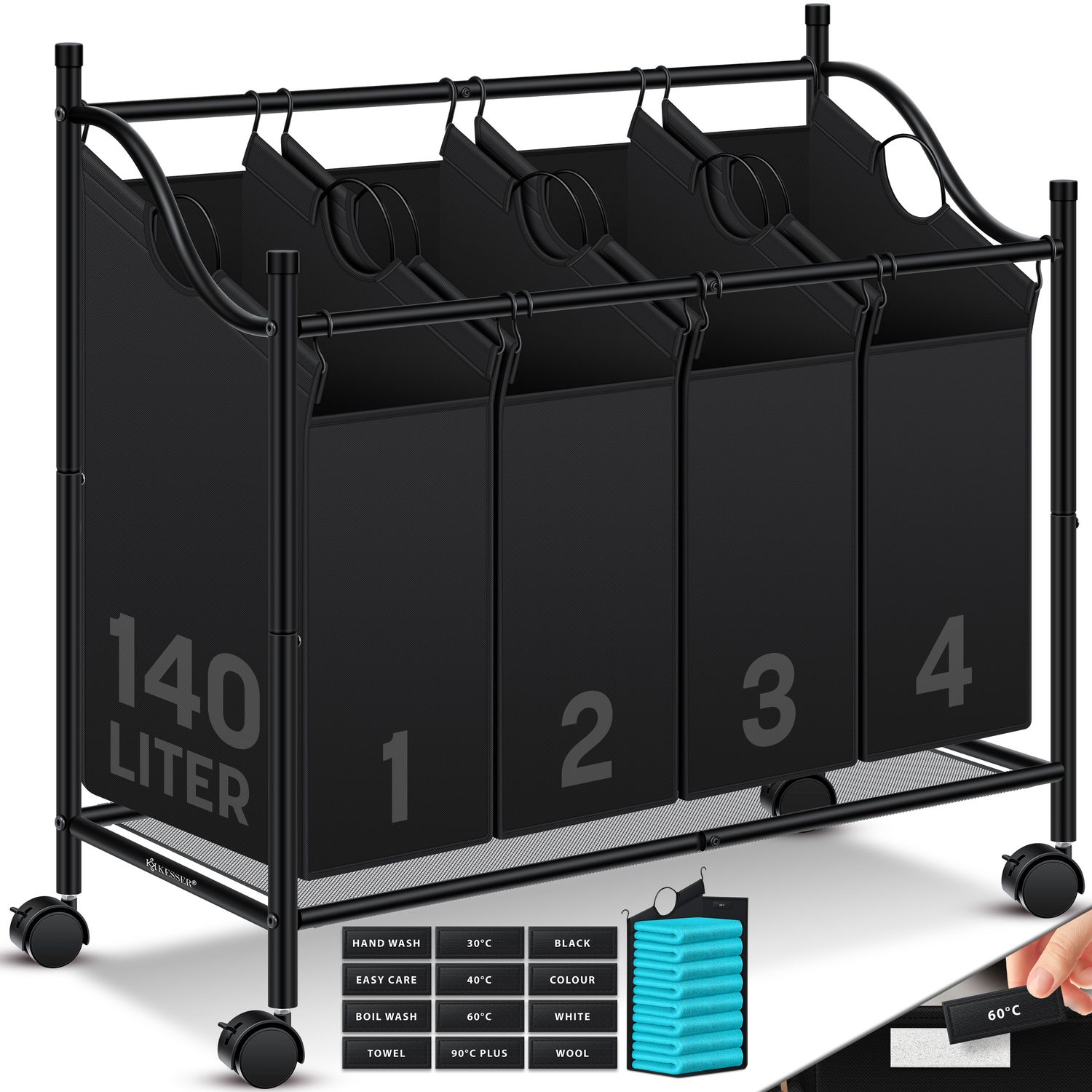 KESSER&reg; W&auml;schekorb W&auml;schesammler W&auml;schesortierer mit abnehmbaren Stofftaschen | W&auml;schebox mit 12 Waschhinweisen 360&deg; Rollen mit Bremse W&auml;sche-Sortiersystem W&auml;schewagen 