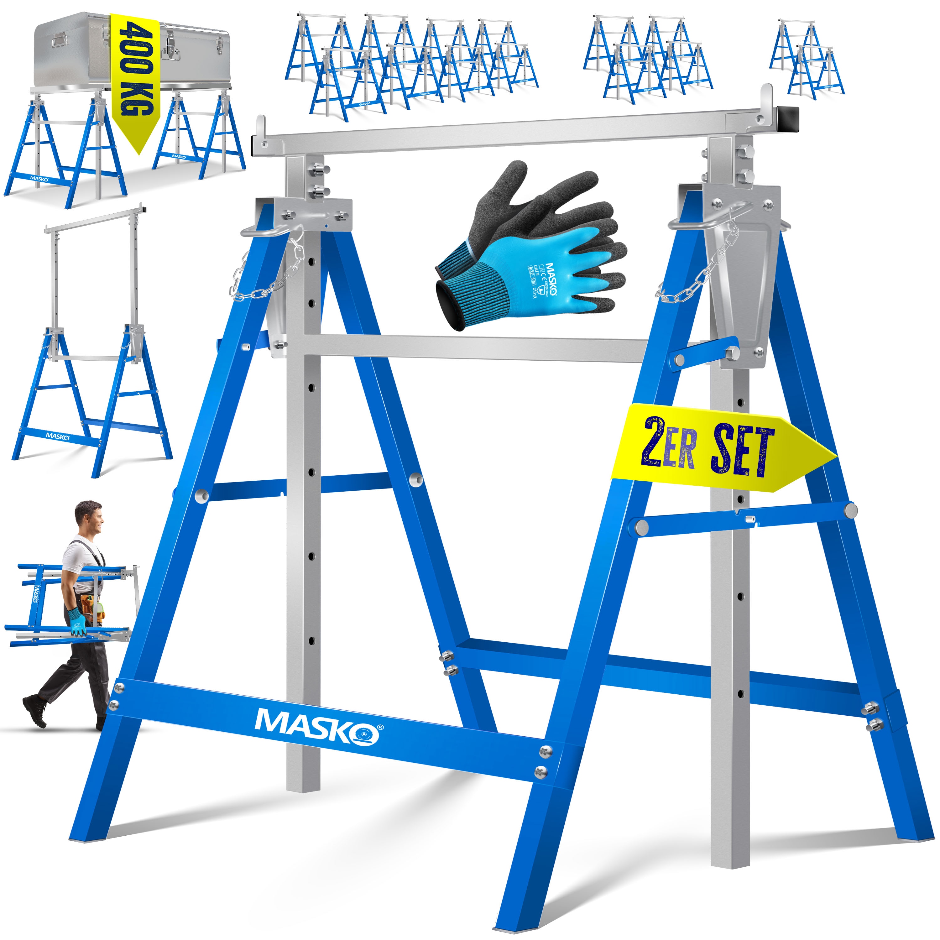 MASKO&reg; Teleskop-Arbeitsbock Untergestell | Klappbock max. Belastbarkeit 200 kg | Unterstellbock h&ouml;henverstellbar Min. / max. Arbeitsh&ouml;he 800-1300 mm | Ger&uuml;stbock inkl. Handschuhe 