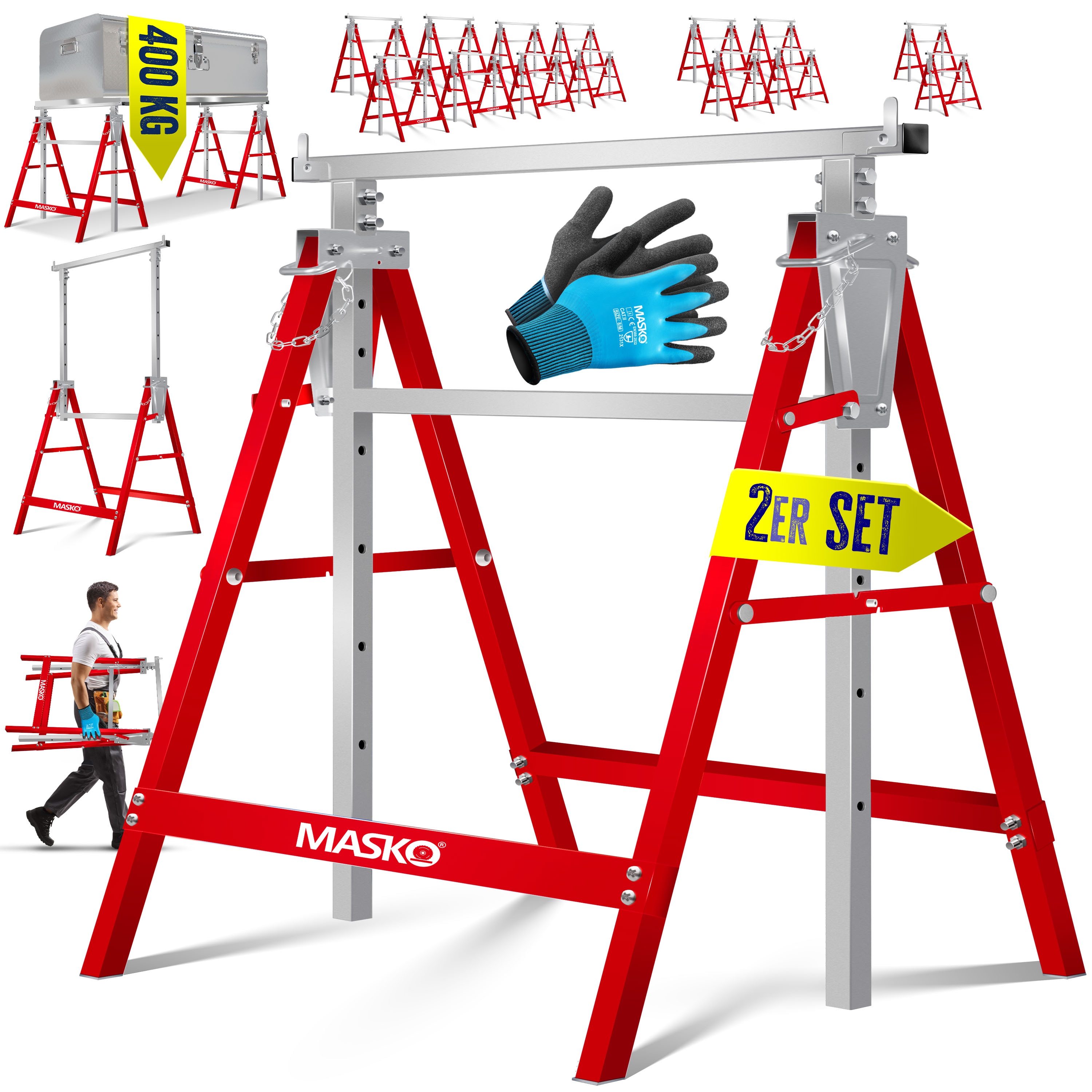 MASKO&reg; Teleskop-Arbeitsbock Untergestell | Klappbock max. Belastbarkeit 200 kg | Unterstellbock h&ouml;henverstellbar Min. / max. Arbeitsh&ouml;he 800-1300 mm | Ger&uuml;stbock inkl. Handschuhe 