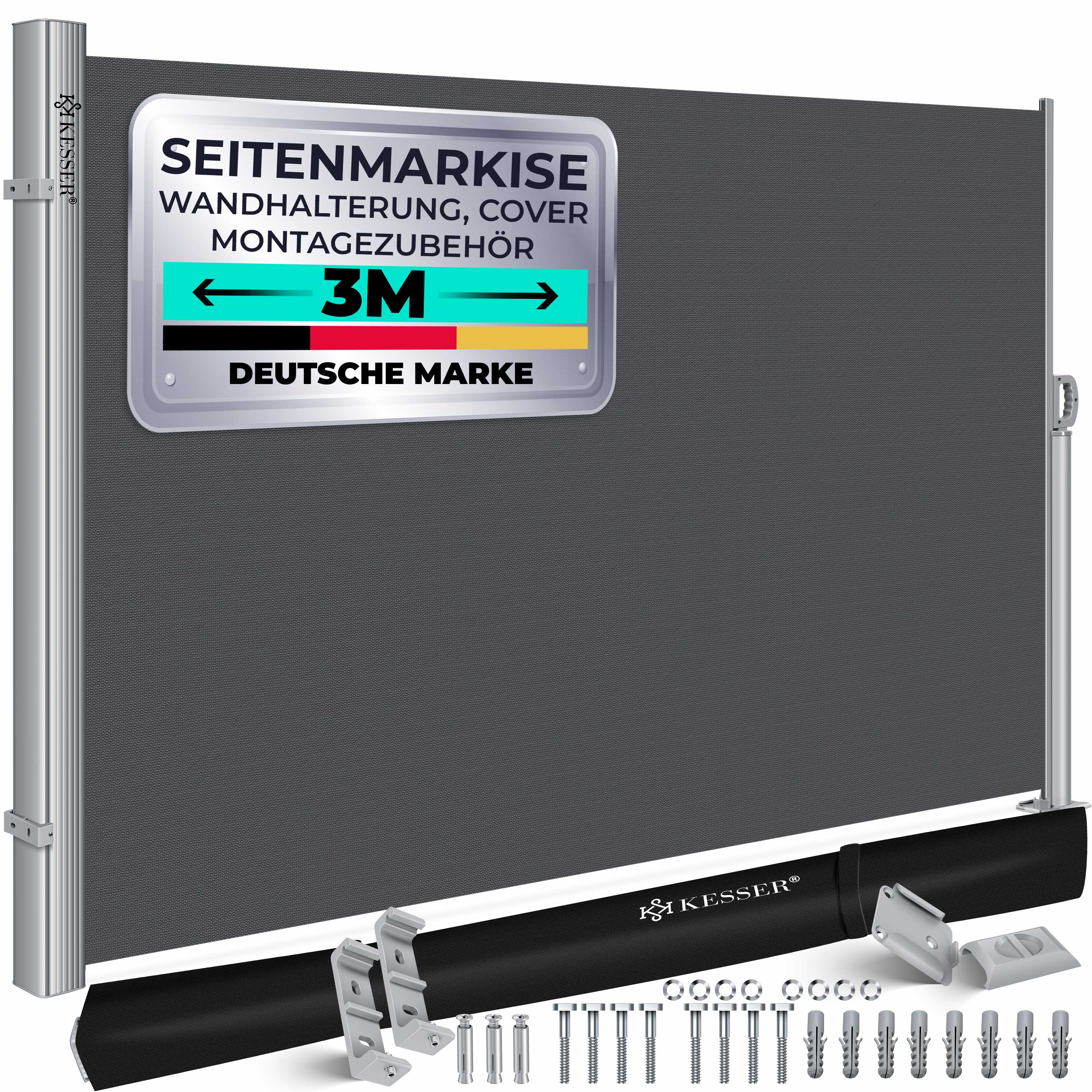 KESSER&reg; Alu-Seitenmarkise Ausziehbar & Blickdicht | Garten-Sichtschutz & Windschutz mit Aufrollautomatik f&uuml;r Balkon & Terrasse | Seitenrollo inkl. Regencover mit Wandhalterung 