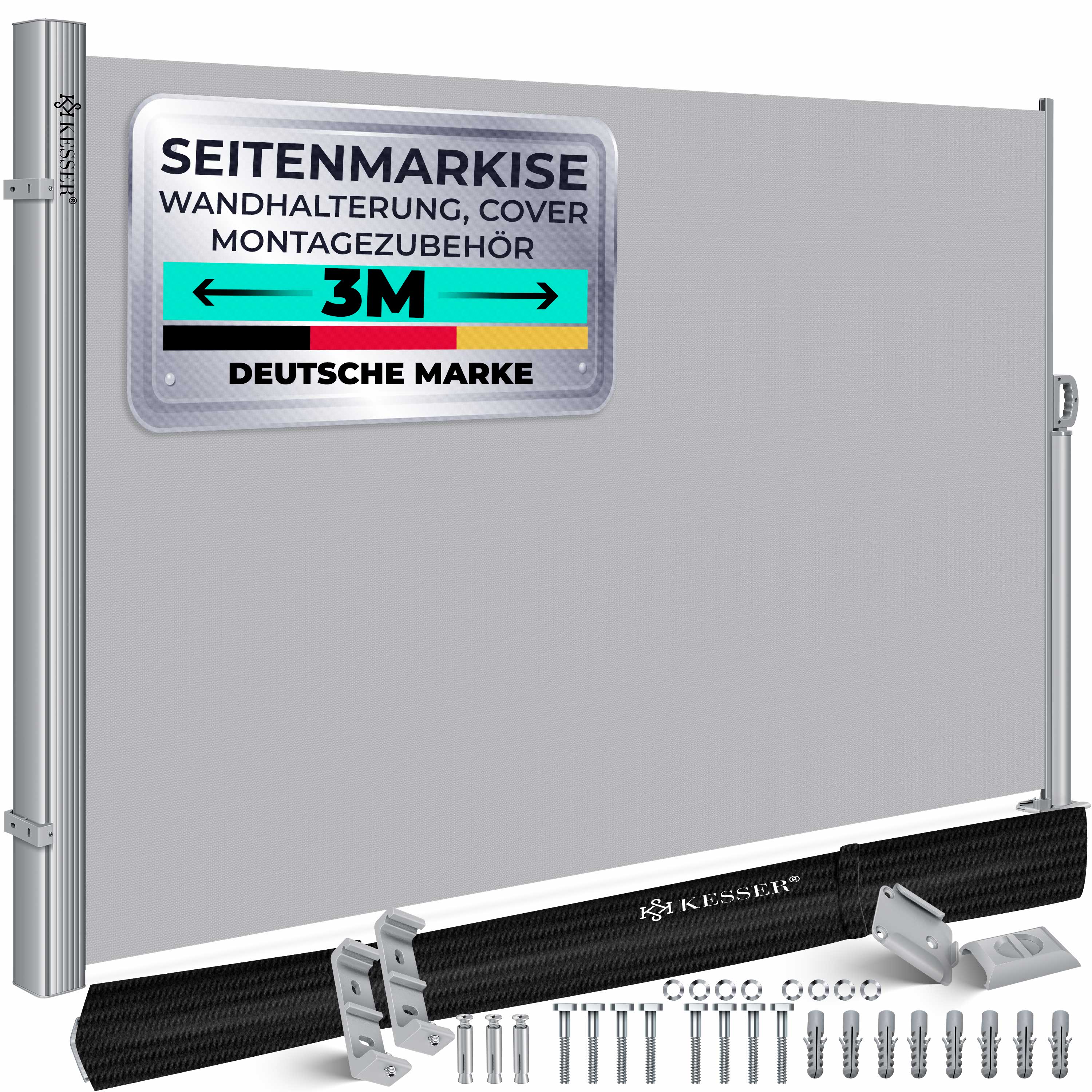 KESSER&reg; Alu-Seitenmarkise Ausziehbar & Blickdicht | Garten-Sichtschutz & Windschutz mit Aufrollautomatik f&uuml;r Balkon & Terrasse | Seitenrollo inkl. Regencover mit Wandhalterung 