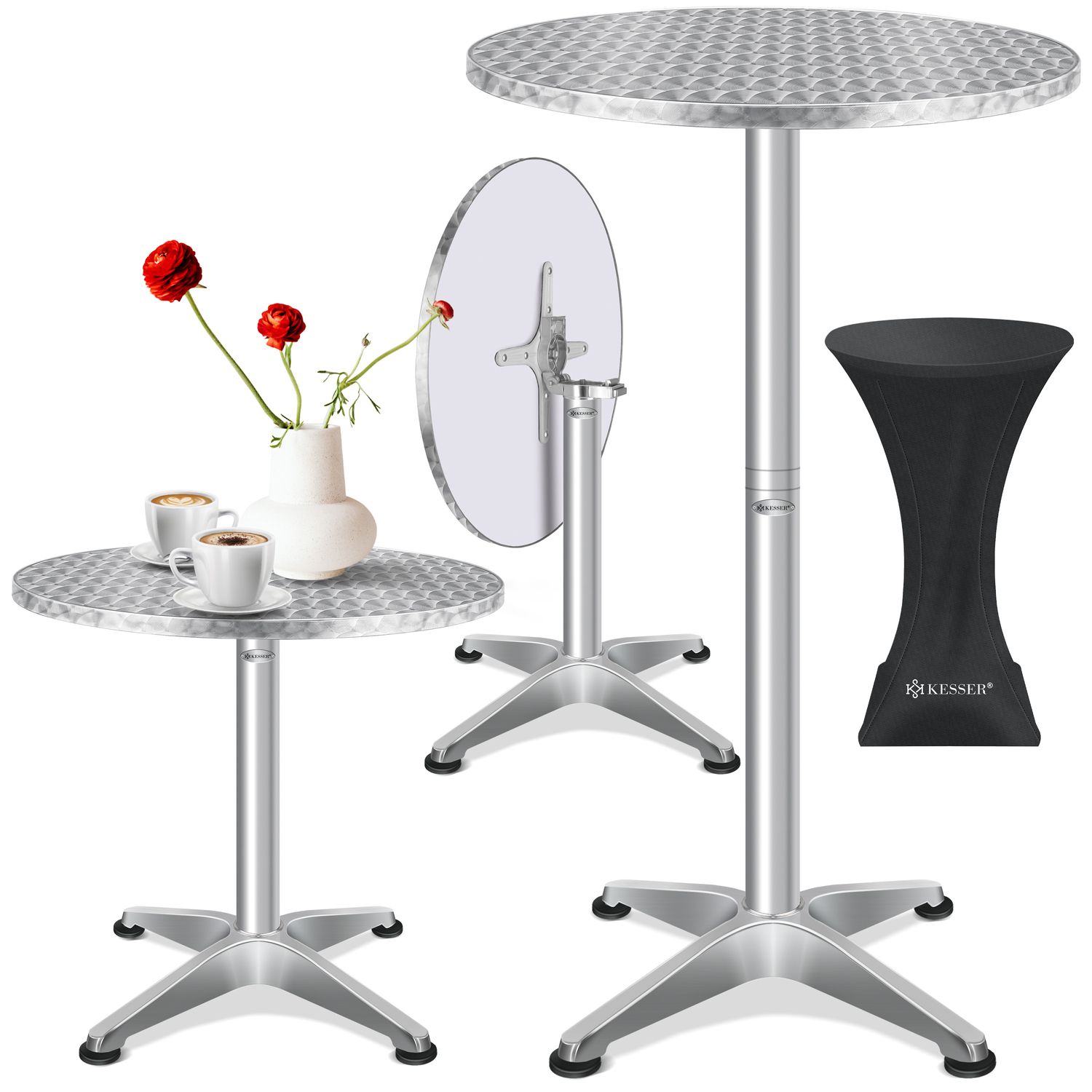 KESSER&reg; 2in1 Stehtisch klappbar Bistrotisch Aluminium Edelstahlplatte | h&ouml;henverstellbar | 70cm / 115cm | Partytisch Tisch | In- & Outdoor | Hochzeit | Empfangstisch | Klapptisch inklusive Regencover 