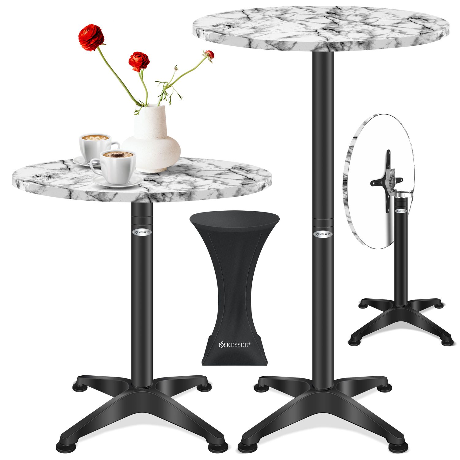KESSER&reg; 2in1 Stehtisch klappbar Bistrotisch Aluminium Edelstahlplatte | h&ouml;henverstellbar | 70cm / 115cm | Partytisch Tisch | In- & Outdoor | Hochzeit | Empfangstisch | Klapptisch inklusive Regencover 