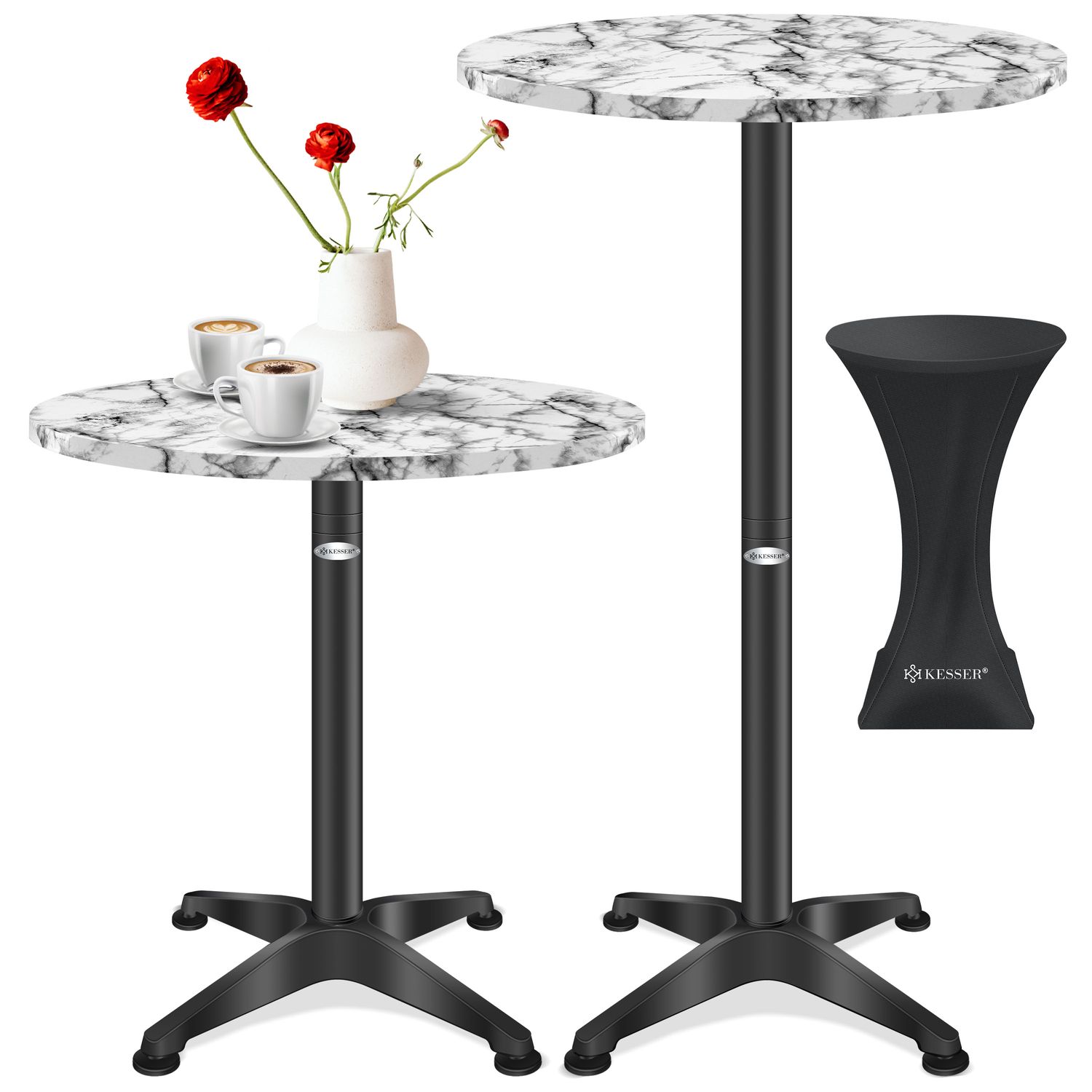KESSER&reg; 2in1 Stehtisch Bistrotisch Aluminium Edelstahlplatte | h&ouml;henverstellbar | 70cm / 115cm | Partytisch Tisch | In- & Outdoor | Hochzeit | Empfangstisch | 4 Standf&uuml;&szlig;e und Regencover 