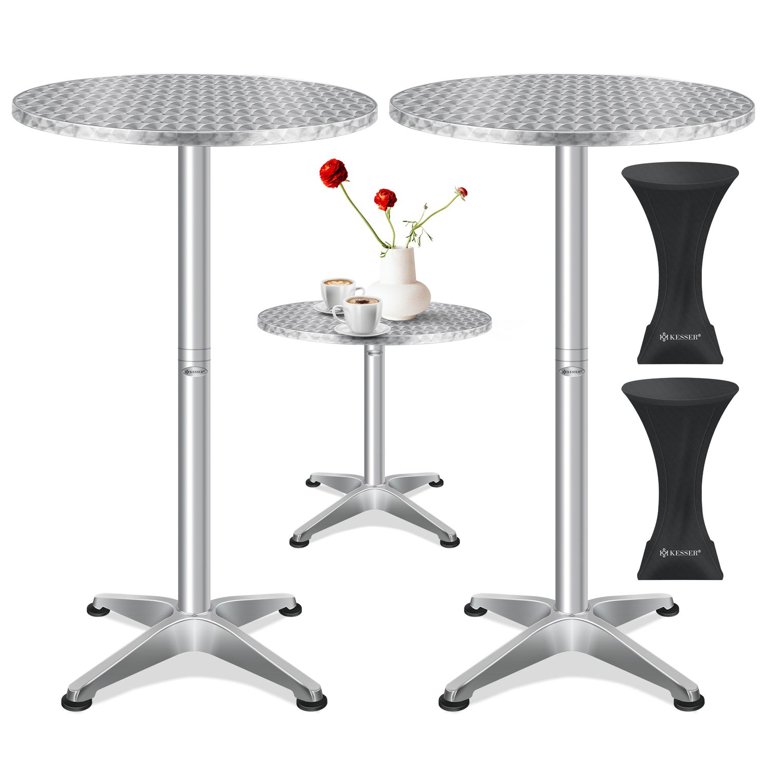 KESSER&reg; 2in1 Stehtisch Bistrotisch Aluminium Edelstahlplatte | h&ouml;henverstellbar | 70cm / 115cm | Partytisch Tisch | In- & Outdoor | Hochzeit | Empfangstisch | 4 Standf&uuml;&szlig;e und Regencover 