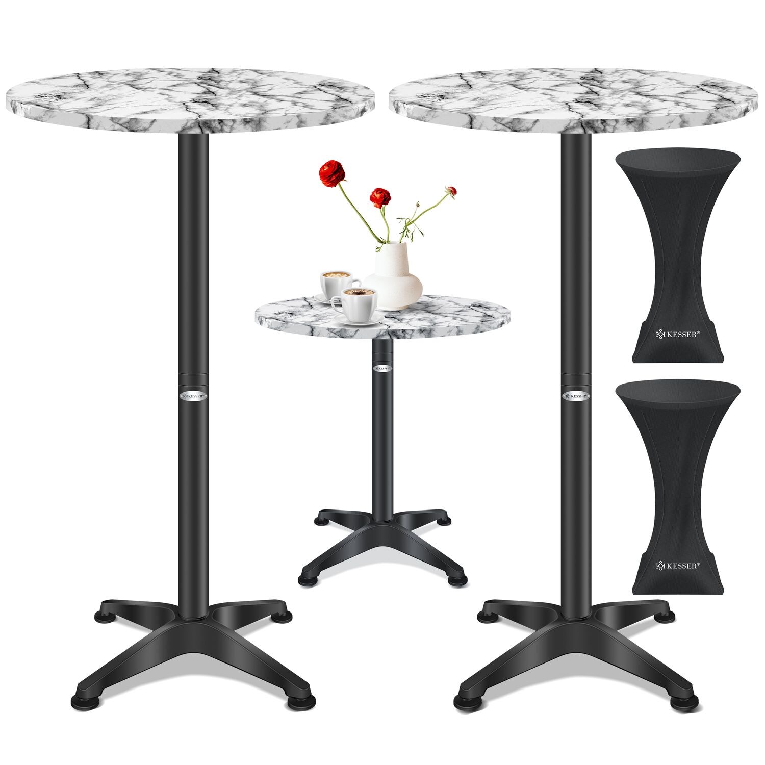 KESSER&reg; 2in1 Stehtisch Bistrotisch Aluminium Edelstahlplatte | h&ouml;henverstellbar | 70cm / 115cm | Partytisch Tisch | In- & Outdoor | Hochzeit | Empfangstisch | 4 Standf&uuml;&szlig;e und Regencover 