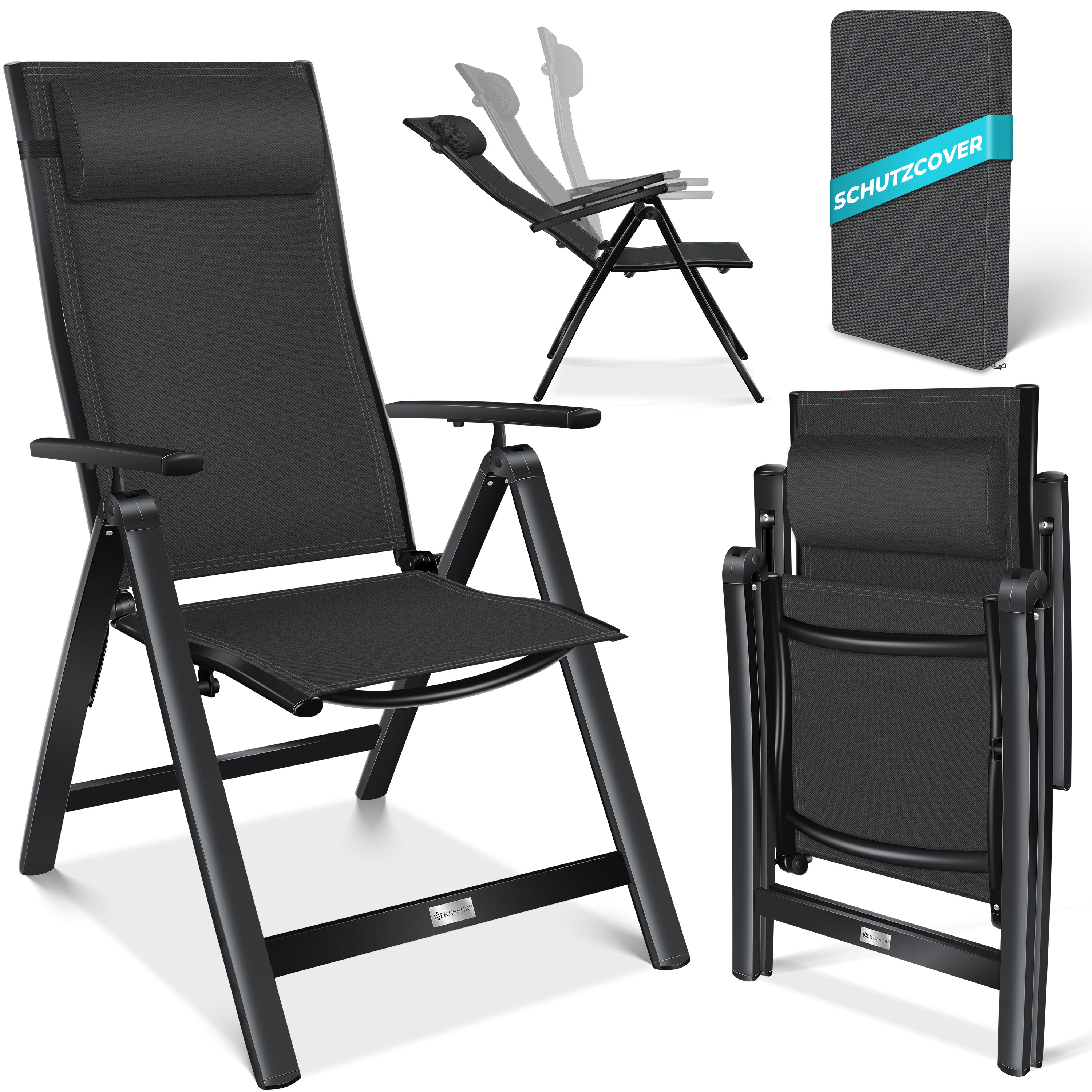 KESSER&reg; Gartenstuhl Hochlehner mit Armlehnen | Aluminium Klappstuhl inkl. Kopfkissen Campingstuhl 7-Fach Verstellbar R&uuml;ckenlehne | Atmungsaktiv & Wetterfest | Klappbar & Anti-Rutsch 