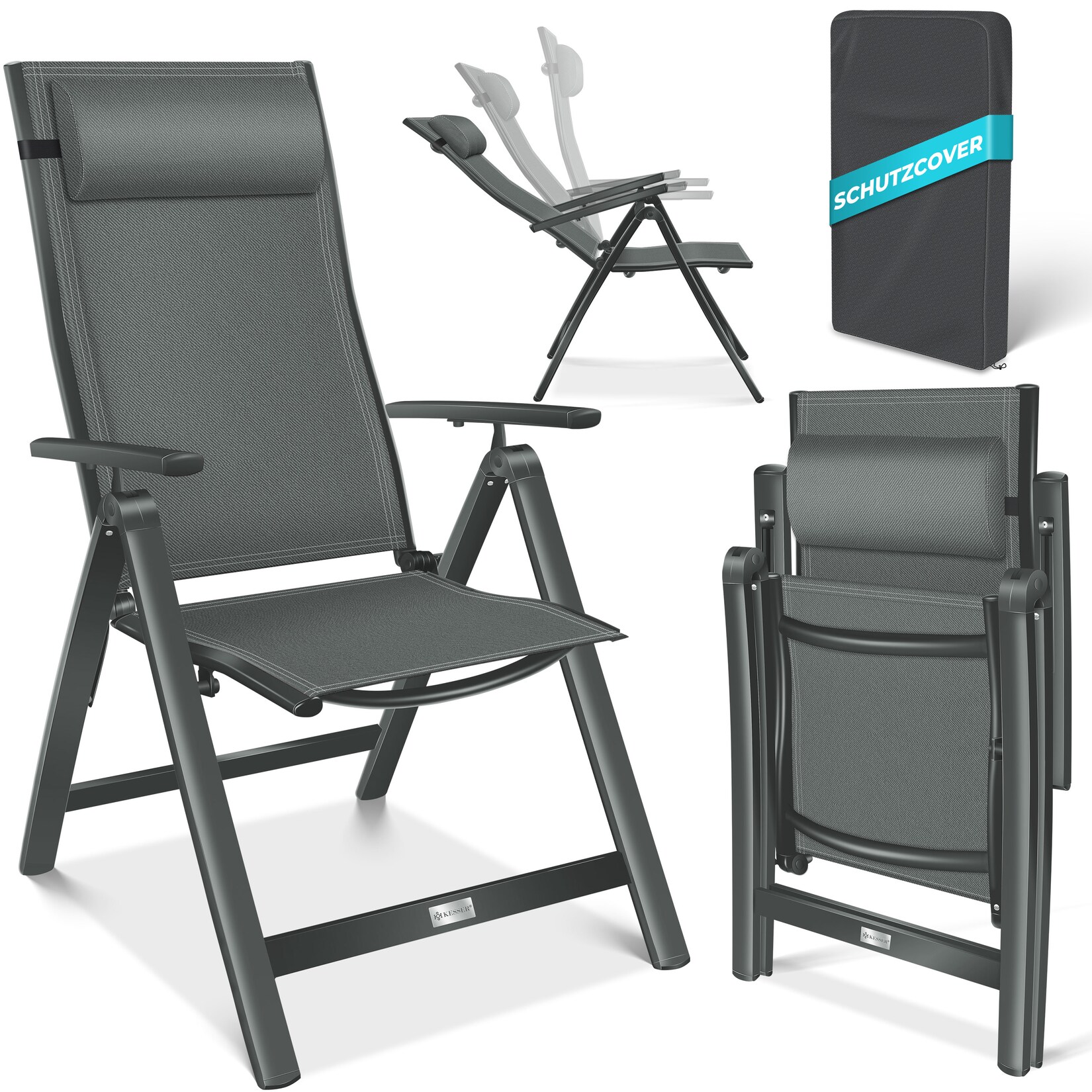 ® Gartenstuhl Hochlehner mit Armlehnen   Aluminium Klappstuhl inkl. Kopfkissen Campingstuhl 7-Fach Verstellbar Rückenlehne   Atmungsaktiv & Wetterfest   Klappbar & Anti-Rutsch