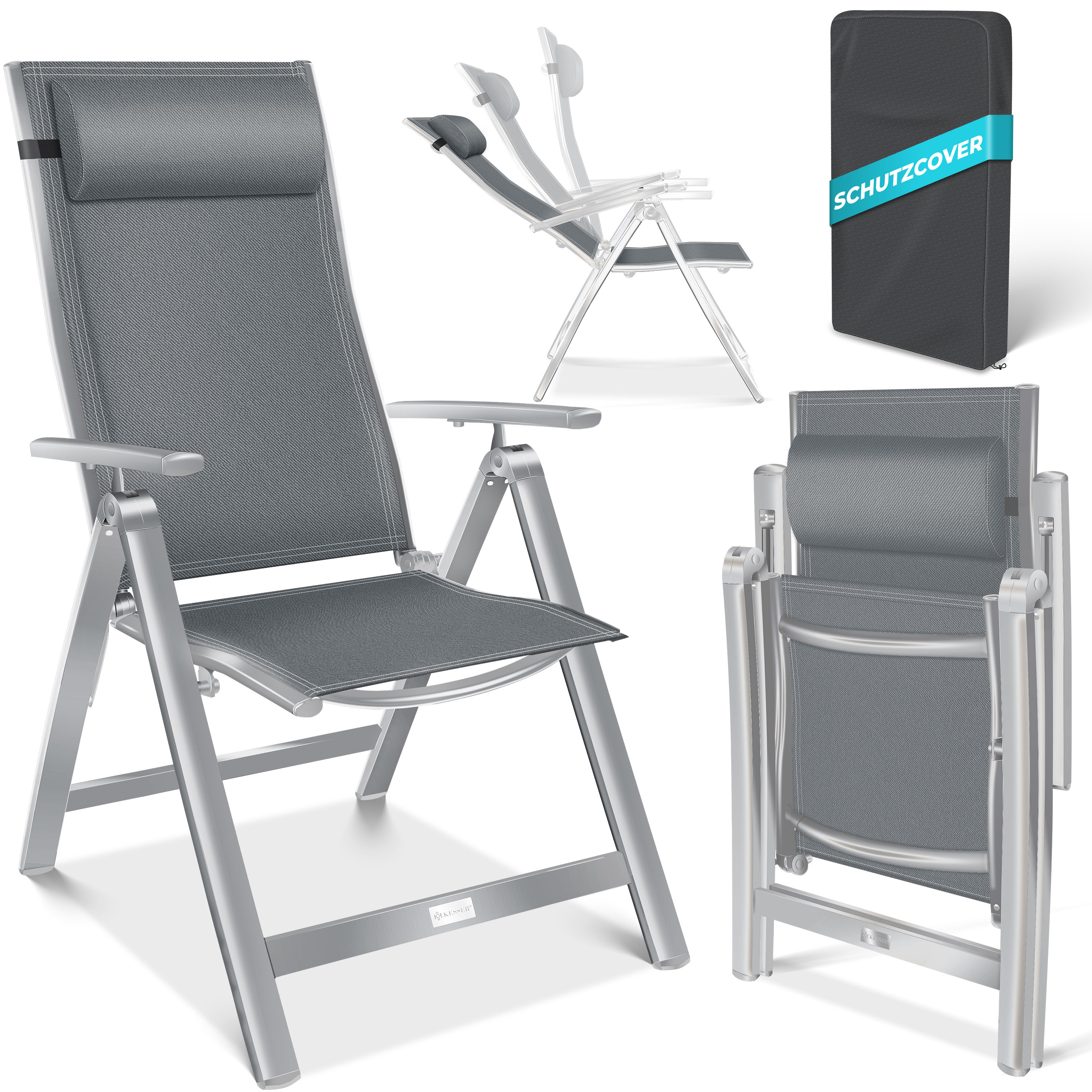 KESSER&reg; Gartenstuhl Hochlehner mit Armlehnen | Aluminium Klappstuhl inkl. Kopfkissen Campingstuhl 7-Fach Verstellbar R&uuml;ckenlehne | Atmungsaktiv & Wetterfest | Klappbar & Anti-Rutsch 