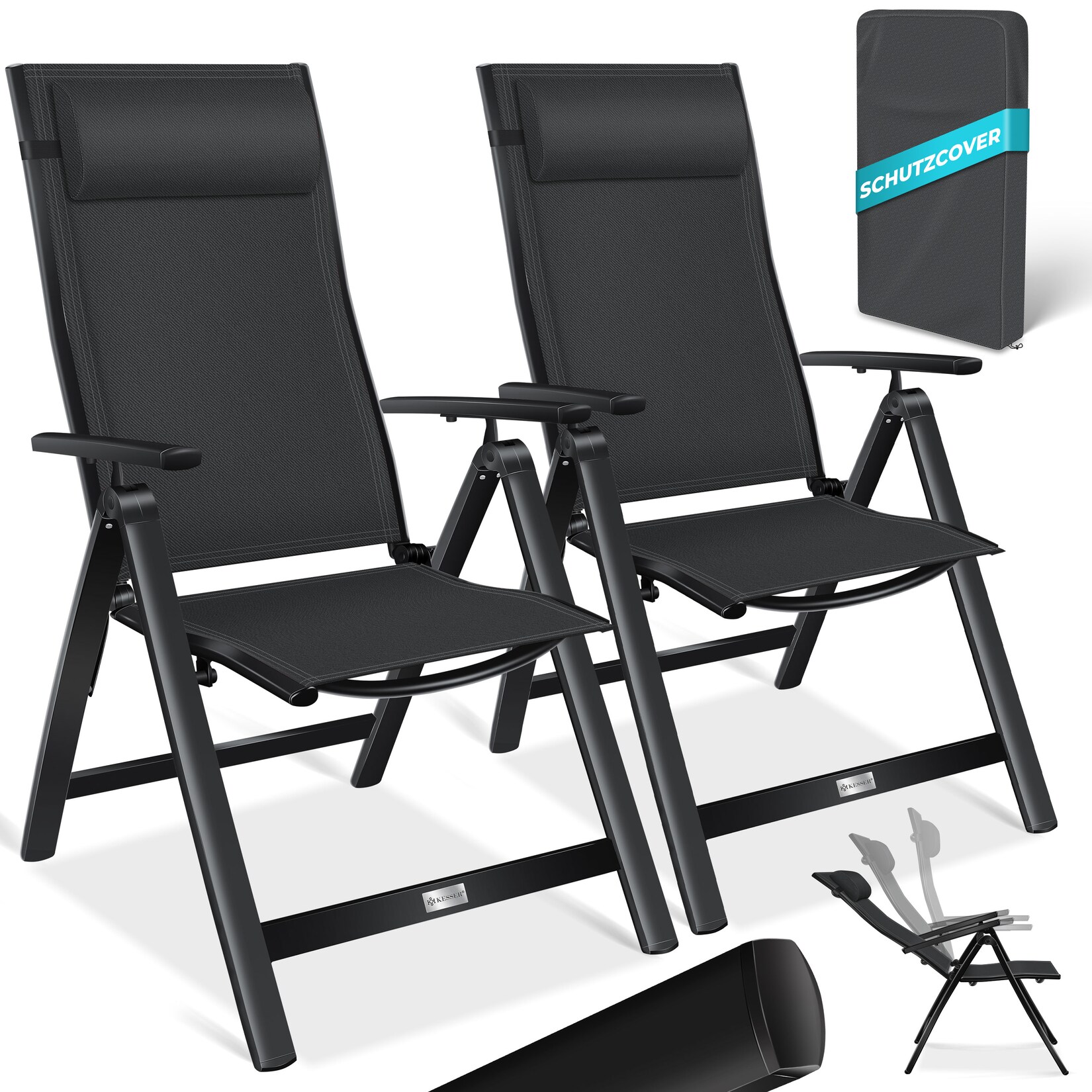 ® Gartenstuhl Hochlehner mit Armlehnen   Aluminium Klappstuhl inkl. Kopfkissen Campingstuhl 7-Fach Verstellbar Rückenlehne   Atmungsaktiv & Wetterfest   Klappbar & Anti-Rutsch