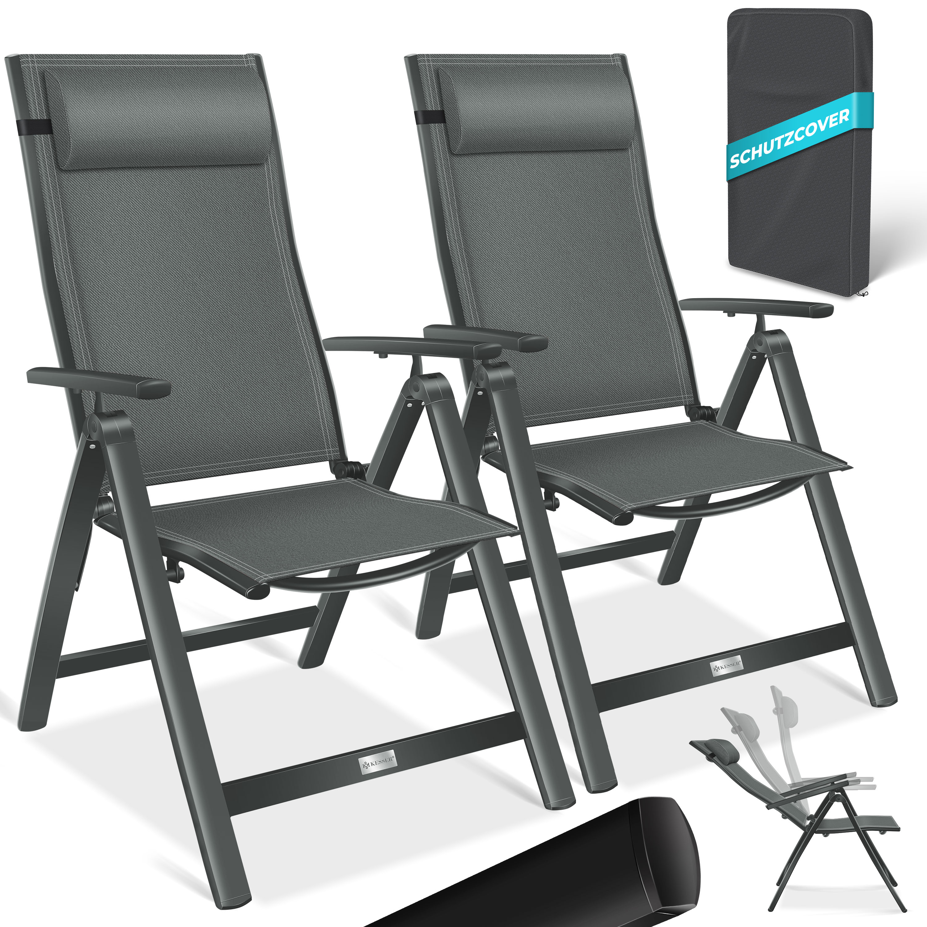 KESSER&reg; Gartenstuhl Hochlehner mit Armlehnen | Aluminium Klappstuhl inkl. Kopfkissen Campingstuhl 7-Fach Verstellbar R&uuml;ckenlehne | Atmungsaktiv & Wetterfest | Klappbar & Anti-Rutsch 