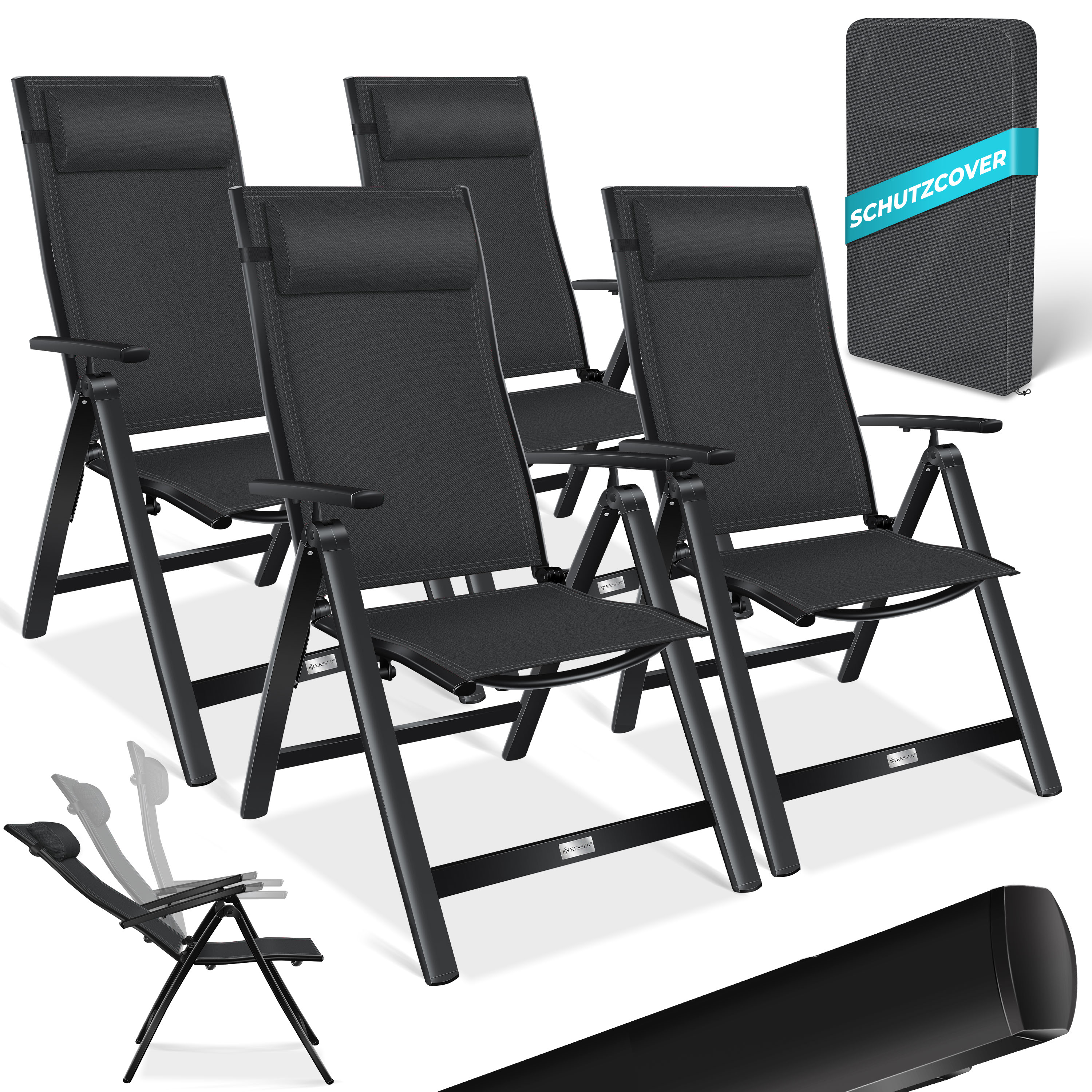 KESSER&reg; Gartenstuhl Hochlehner mit Armlehnen | Aluminium Klappstuhl inkl. Kopfkissen Campingstuhl 7-Fach Verstellbar R&uuml;ckenlehne | Atmungsaktiv & Wetterfest | Klappbar & Anti-Rutsch 