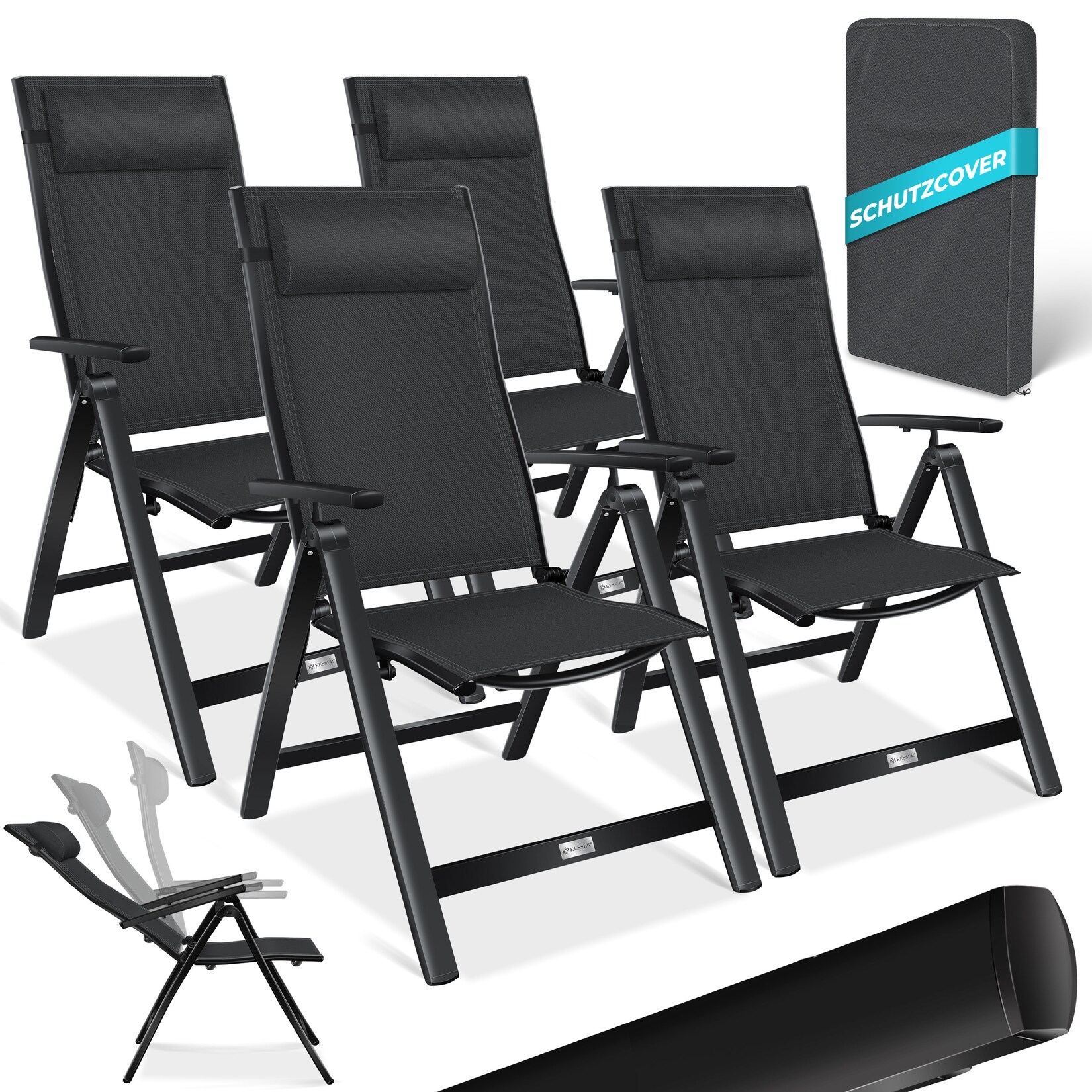 ® Gartenstuhl Hochlehner mit Armlehnen   Aluminium Klappstuhl inkl. Kopfkissen Campingstuhl 7-Fach Verstellbar Rückenlehne   Atmungsaktiv & Wetterfest   Klappbar & Anti-Rutsch