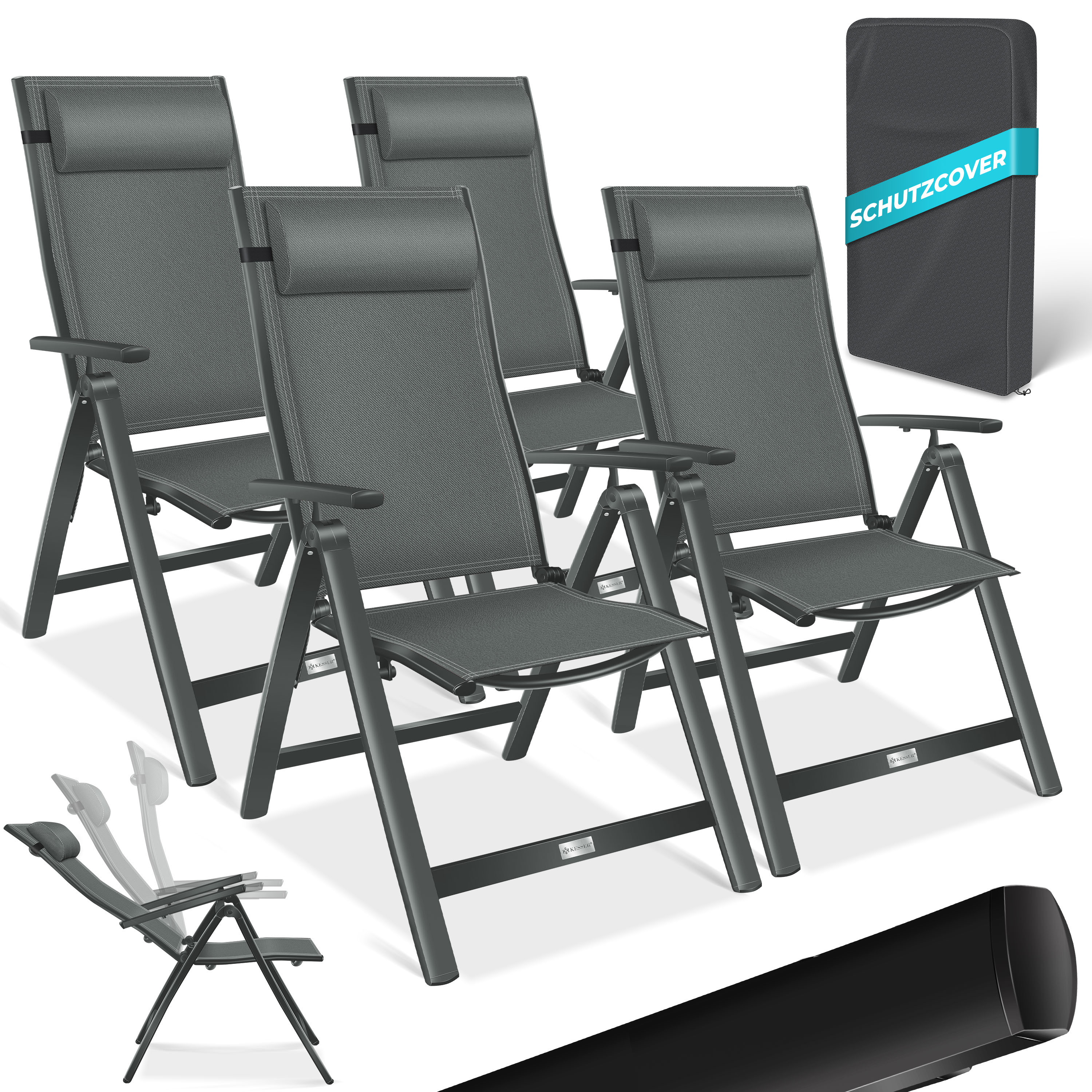 KESSER&reg; Gartenstuhl Hochlehner mit Armlehnen | Aluminium Klappstuhl inkl. Kopfkissen Campingstuhl 7-Fach Verstellbar R&uuml;ckenlehne | Atmungsaktiv & Wetterfest | Klappbar & Anti-Rutsch 