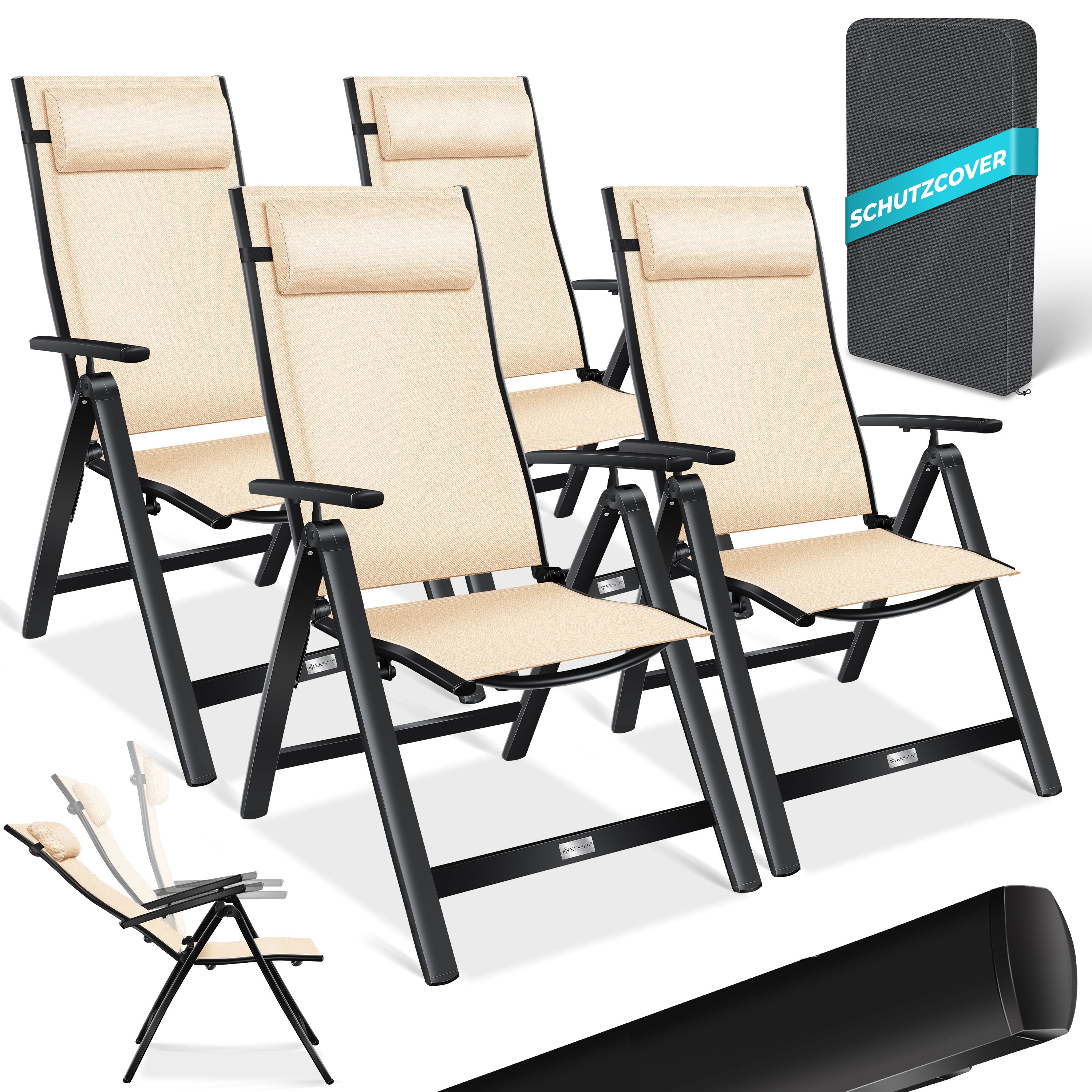 KESSER&reg; Gartenstuhl Hochlehner mit Armlehnen | Aluminium Klappstuhl inkl. Kopfkissen Campingstuhl 7-Fach Verstellbar R&uuml;ckenlehne | Atmungsaktiv & Wetterfest | Klappbar & Anti-Rutsch 