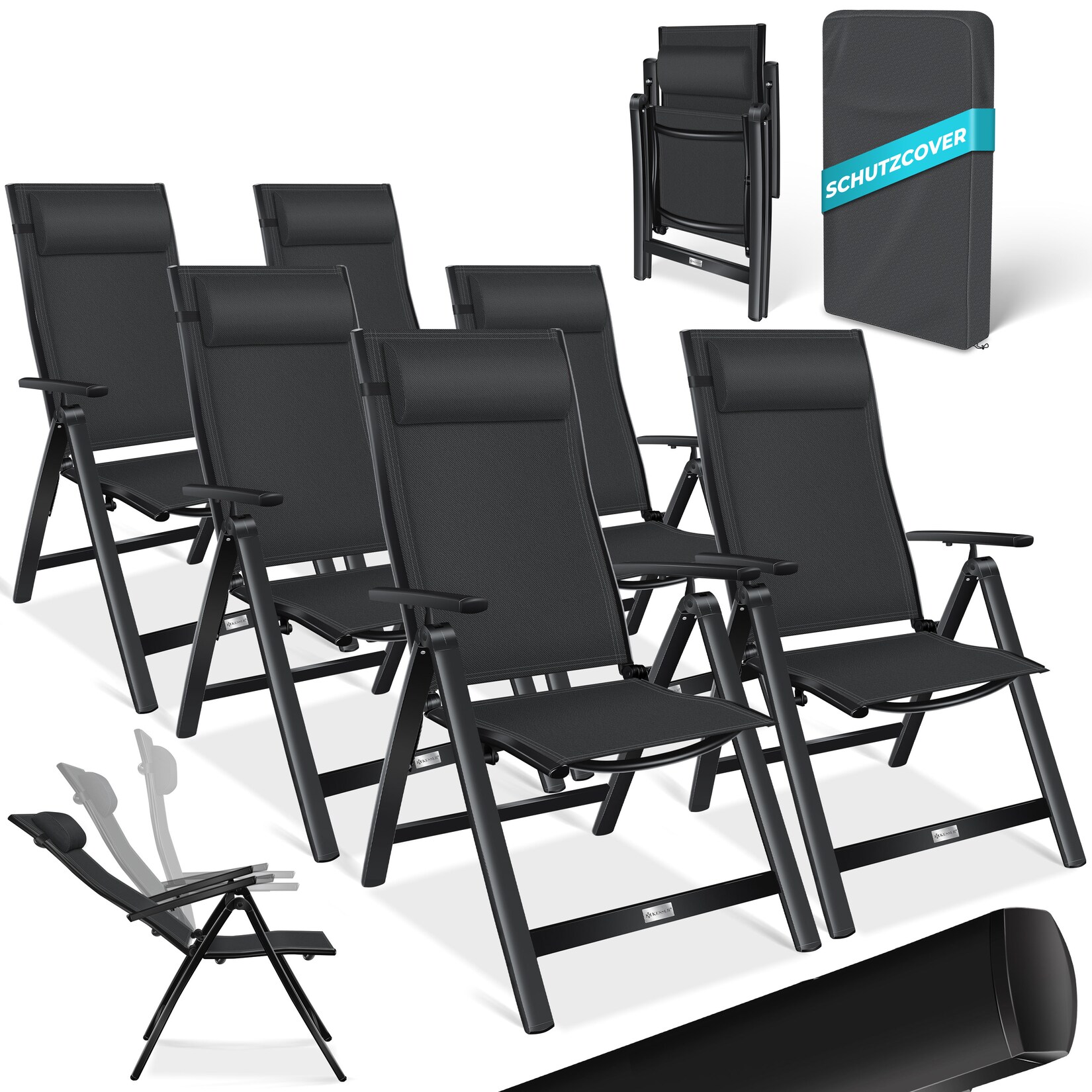 ® Gartenstuhl Hochlehner mit Armlehnen   Aluminium Klappstuhl inkl. Kopfkissen Campingstuhl 7-Fach Verstellbar Rückenlehne   Atmungsaktiv & Wetterfest   Klappbar & Anti-Rutsch