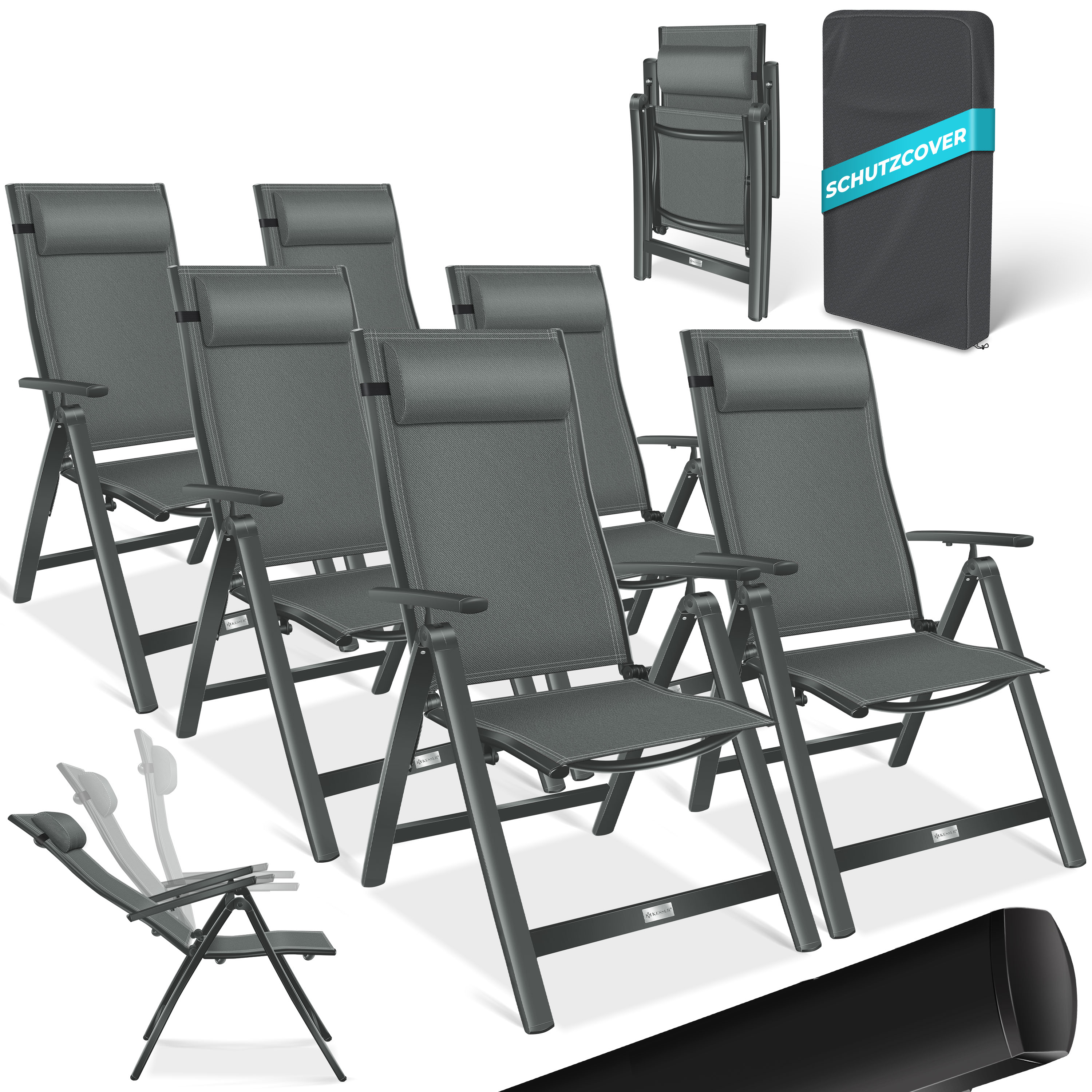 KESSER&reg; Gartenstuhl Hochlehner mit Armlehnen | Aluminium Klappstuhl inkl. Kopfkissen Campingstuhl 7-Fach Verstellbar R&uuml;ckenlehne | Atmungsaktiv & Wetterfest | Klappbar & Anti-Rutsch 