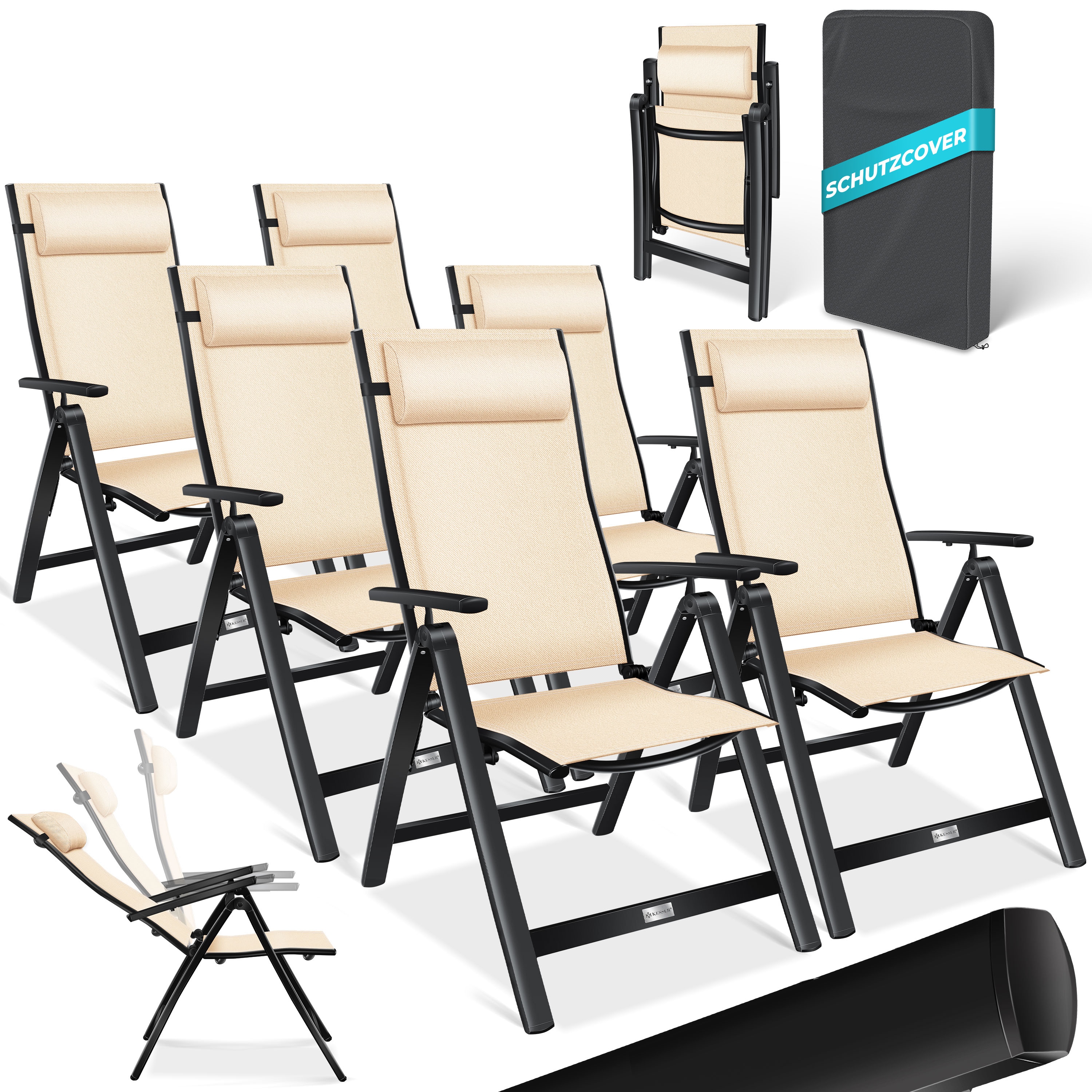 KESSER&reg; Gartenstuhl Hochlehner mit Armlehnen | Aluminium Klappstuhl inkl. Kopfkissen Campingstuhl 7-Fach Verstellbar R&uuml;ckenlehne | Atmungsaktiv & Wetterfest | Klappbar & Anti-Rutsch 