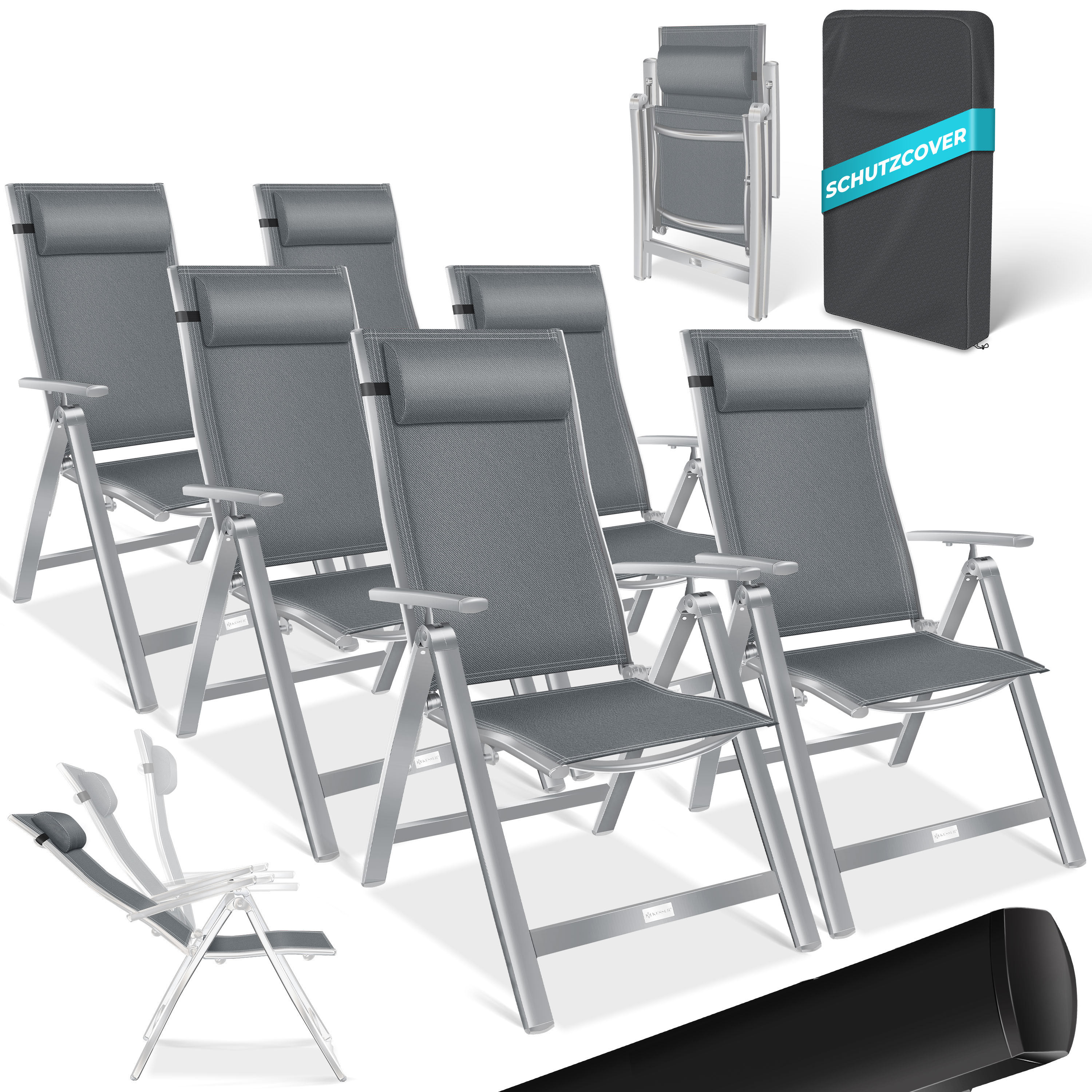 KESSER&reg; Gartenstuhl Hochlehner mit Armlehnen | Aluminium Klappstuhl inkl. Kopfkissen Campingstuhl 7-Fach Verstellbar R&uuml;ckenlehne | Atmungsaktiv & Wetterfest | Klappbar & Anti-Rutsch 