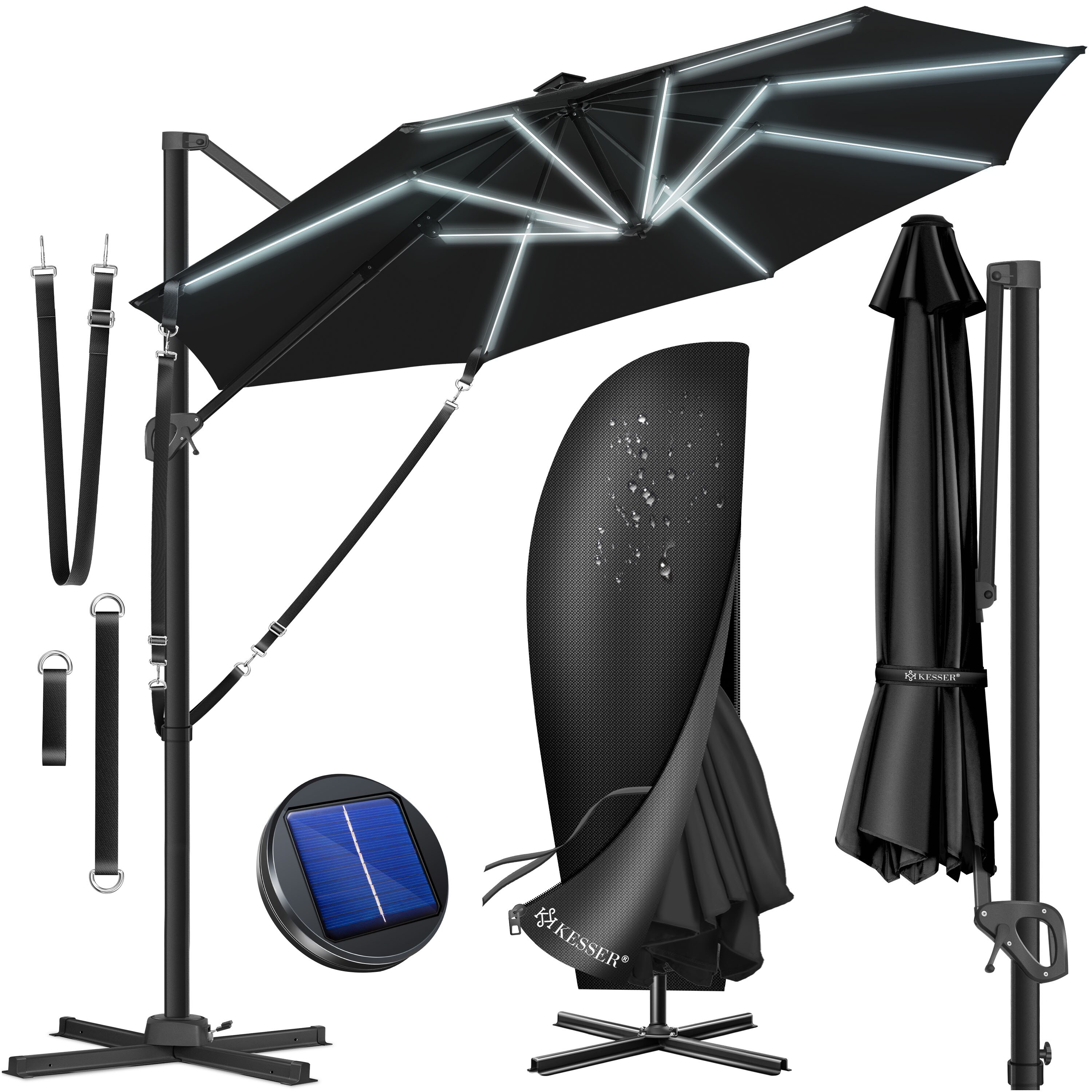 KESSER&reg; Sonnenschirm Ampelschirm SUN Rund XL &Oslash;330 cm Inkl. Windschtzseile & Abdeckung 7-Fach Verstellbar Drehbar Neigbar Kippbar Gro&szlig; 360&deg; Drehbar Gartenschirm mit Kurbel Sonnenschutz UV50+ 