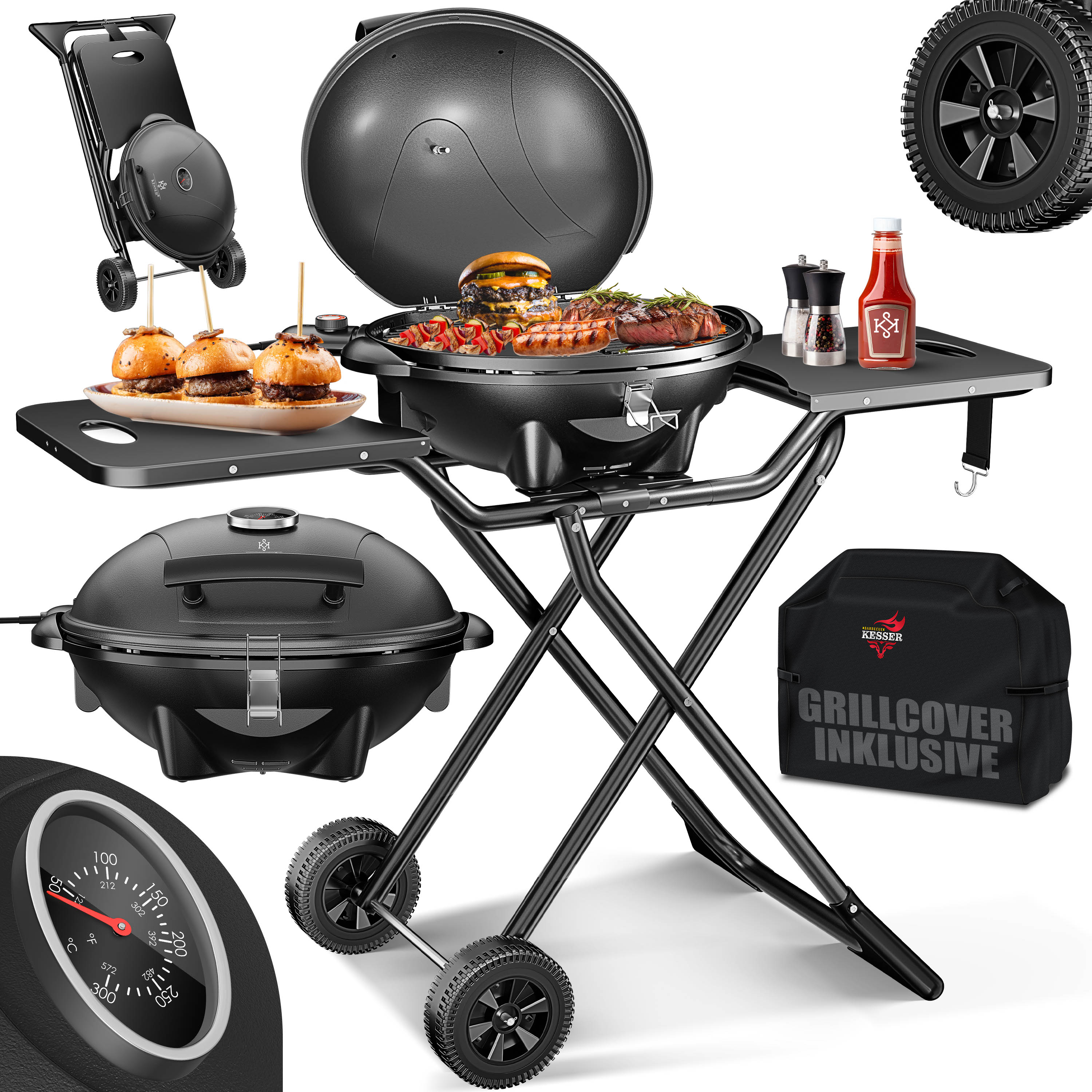 KESSER&reg; elektrischer Elektrogrill 2in1 Tischgrill - Standgrill mit Deckel und Standfu&szlig; | max. 2400 Watt | Faltbar | Thermometer | Antihaftbeschichtung | Grillplatte Abstelltische | 2 R&auml;der | 