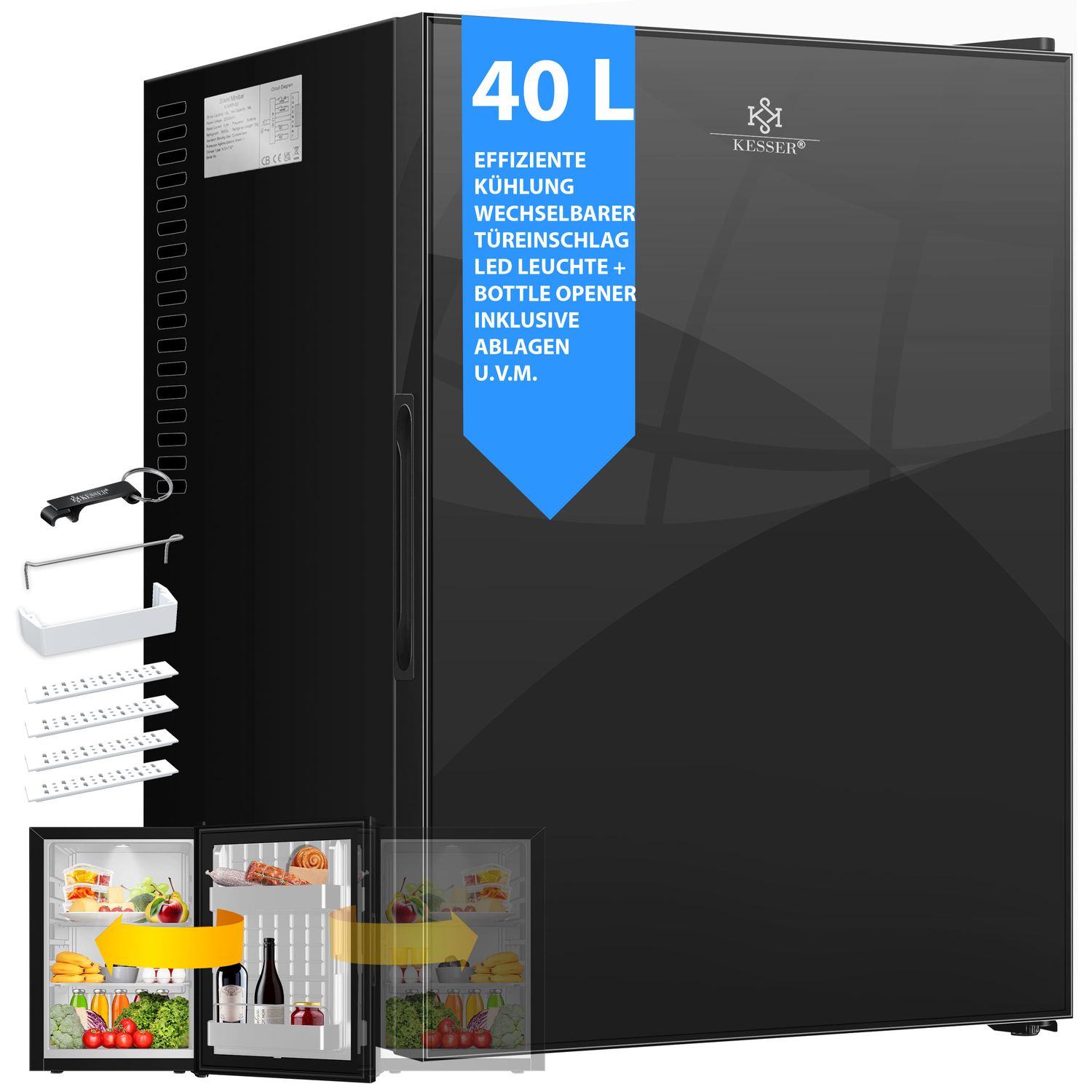 KESSER&reg; Minik&uuml;hlschrank mit Schloss, Minibar 40 Liter Nutzinhalt, Leise 22db, Abschlie&szlig;bar, Schlafzimmer, Wechselbarer T&uuml;ranschlag, ca. 4&deg;-16&deg;C H&ouml;he 57cm, Innenbeleuchtung Tisch-K&uuml;hlschrank 