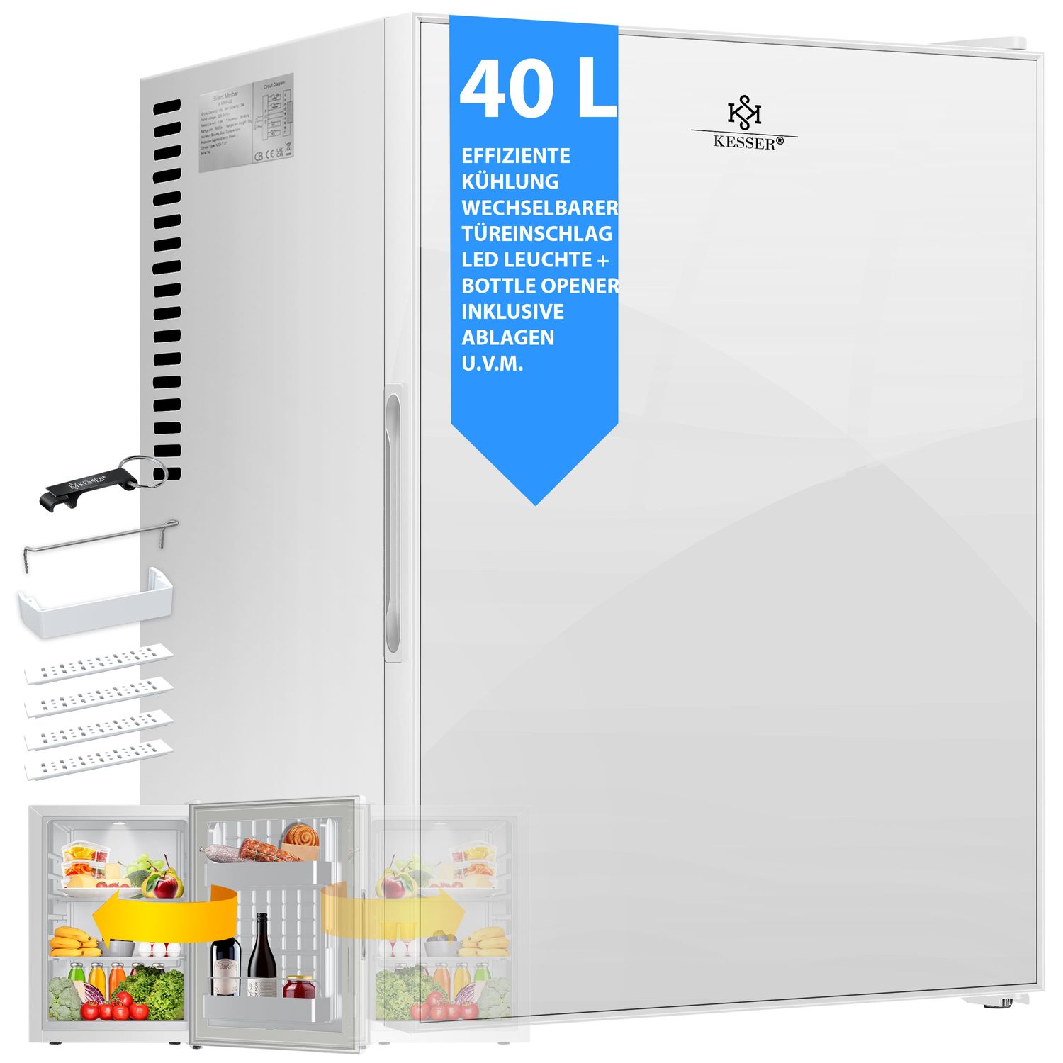 KESSER&reg; Minik&uuml;hlschrank mit Schloss, Minibar 40 Liter Nutzinhalt, Leise 22db, Abschlie&szlig;bar, Schlafzimmer, Wechselbarer T&uuml;ranschlag, ca. 4&deg;-16&deg;C H&ouml;he 57cm, Innenbeleuchtung Tisch-K&uuml;hlschrank 