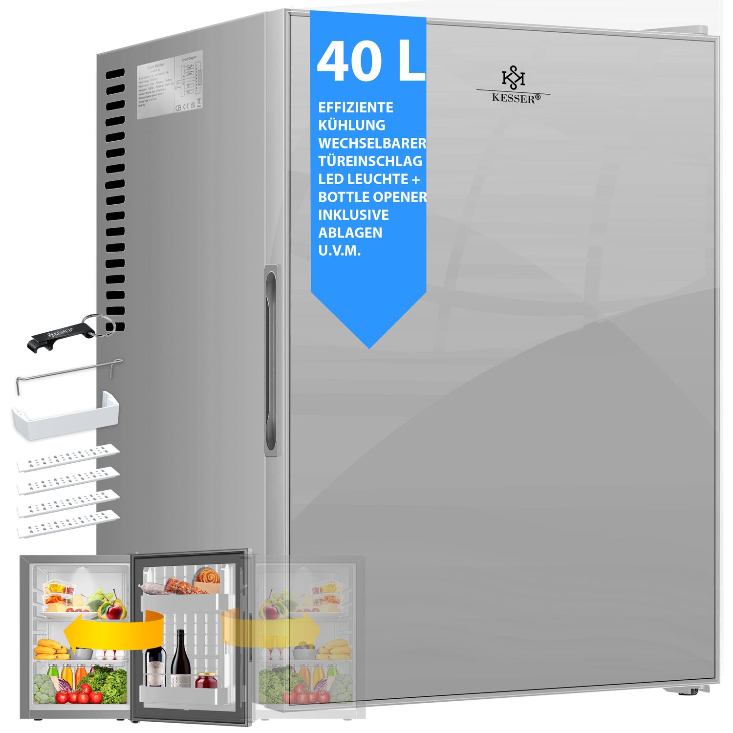 KESSER&reg; Minik&uuml;hlschrank mit Schloss, Minibar 40 Liter Nutzinhalt, Leise 22db, Abschlie&szlig;bar, Schlafzimmer, Wechselbarer T&uuml;ranschlag, ca. 4&deg;-16&deg;C H&ouml;he 57cm, Innenbeleuchtung Tisch-K&uuml;hlschrank 