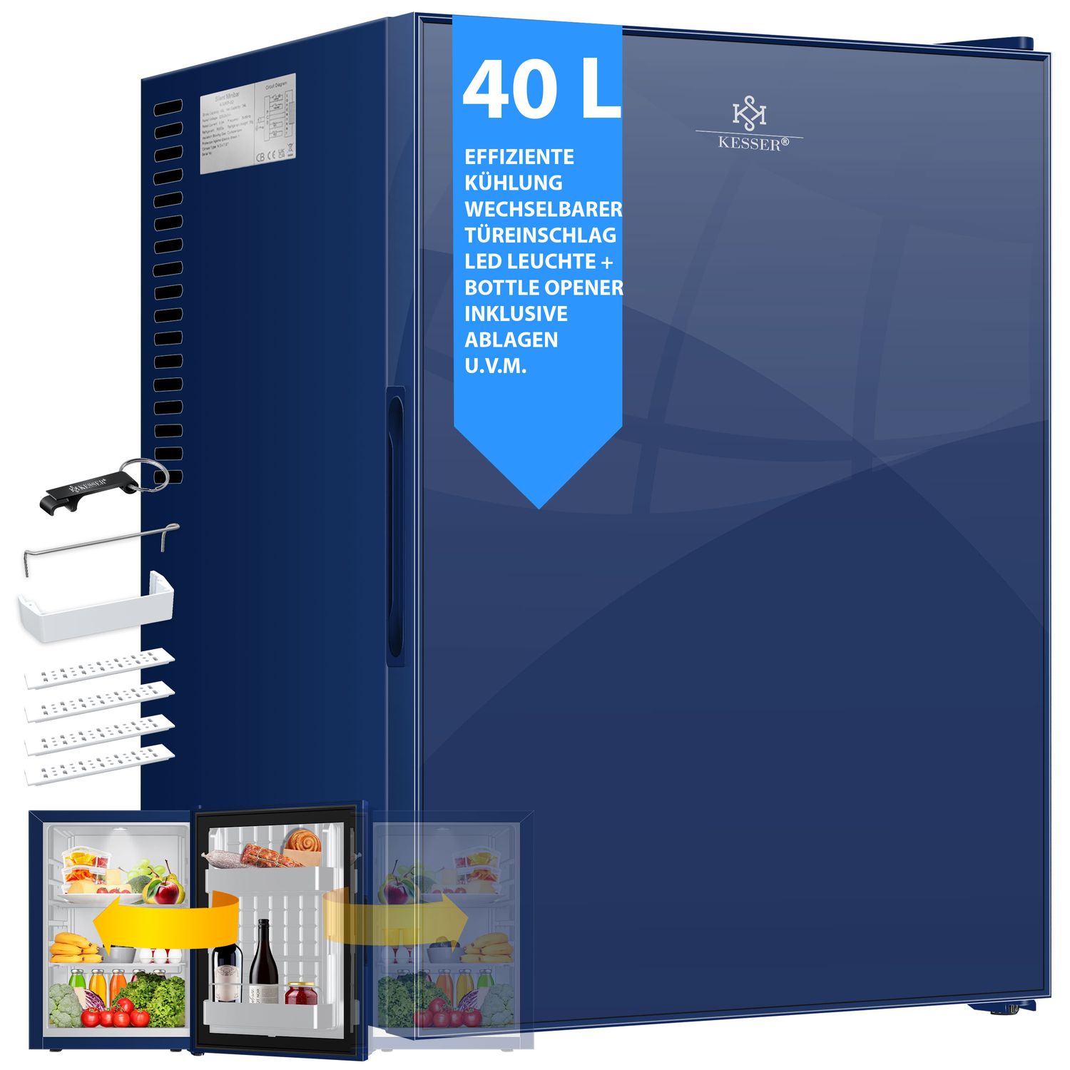 KESSER&reg; Minik&uuml;hlschrank mit Schloss, Minibar 40 Liter Nutzinhalt, Leise 22db, Abschlie&szlig;bar, Schlafzimmer, Wechselbarer T&uuml;ranschlag, ca. 4&deg;-16&deg;C H&ouml;he 57cm, Innenbeleuchtung Tisch-K&uuml;hlschrank 