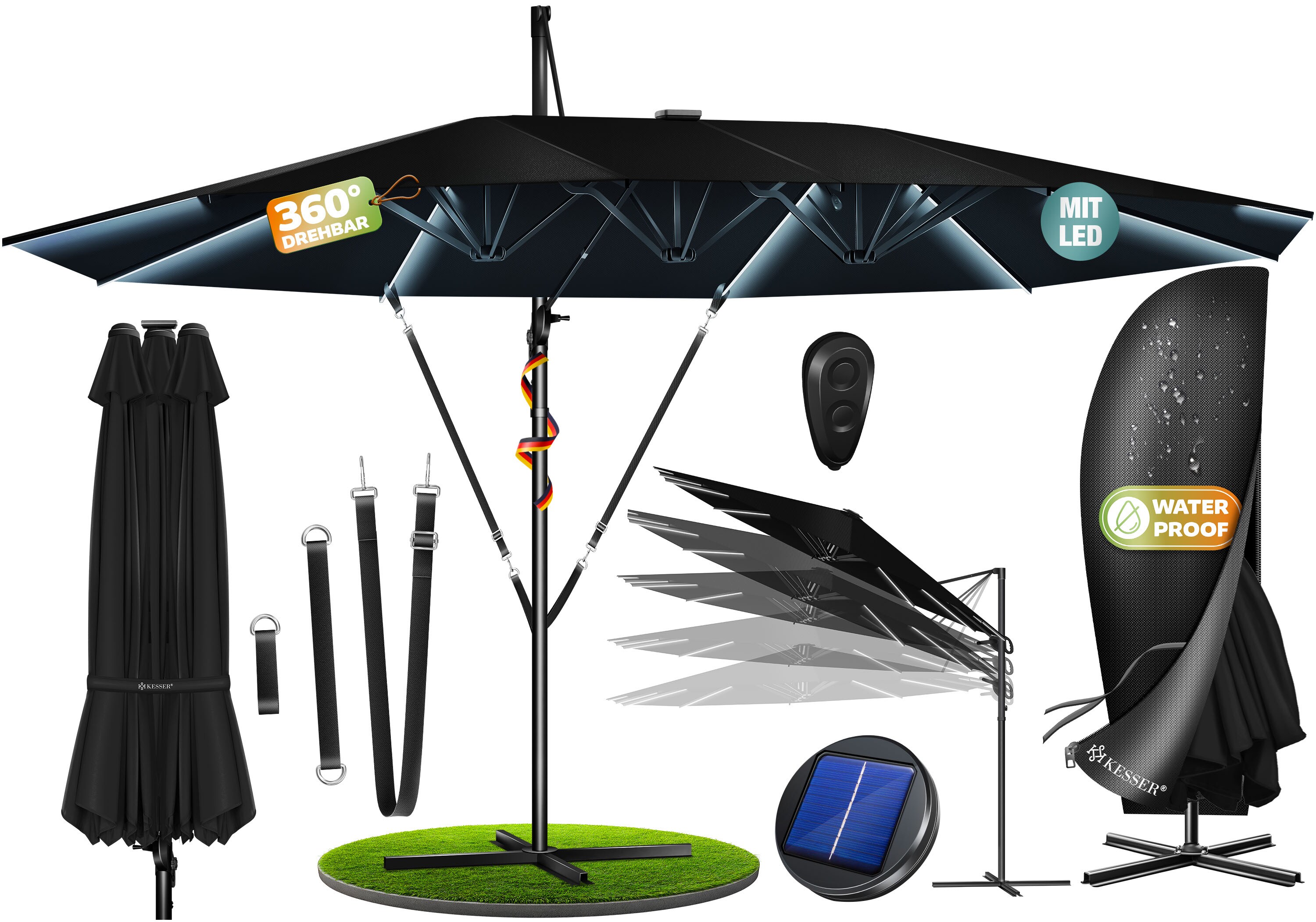 KESSER&reg; Sonnenschirm Doppelsonnenschirm 4,6m x 2,7m | Ampelschirm Abdeckung & Windsicherung mit Kurbel & St&auml;nder | Kurbelschirm Aluminium wasserabweisend | Neigbar Kippbar 360&deg; Drehbar 