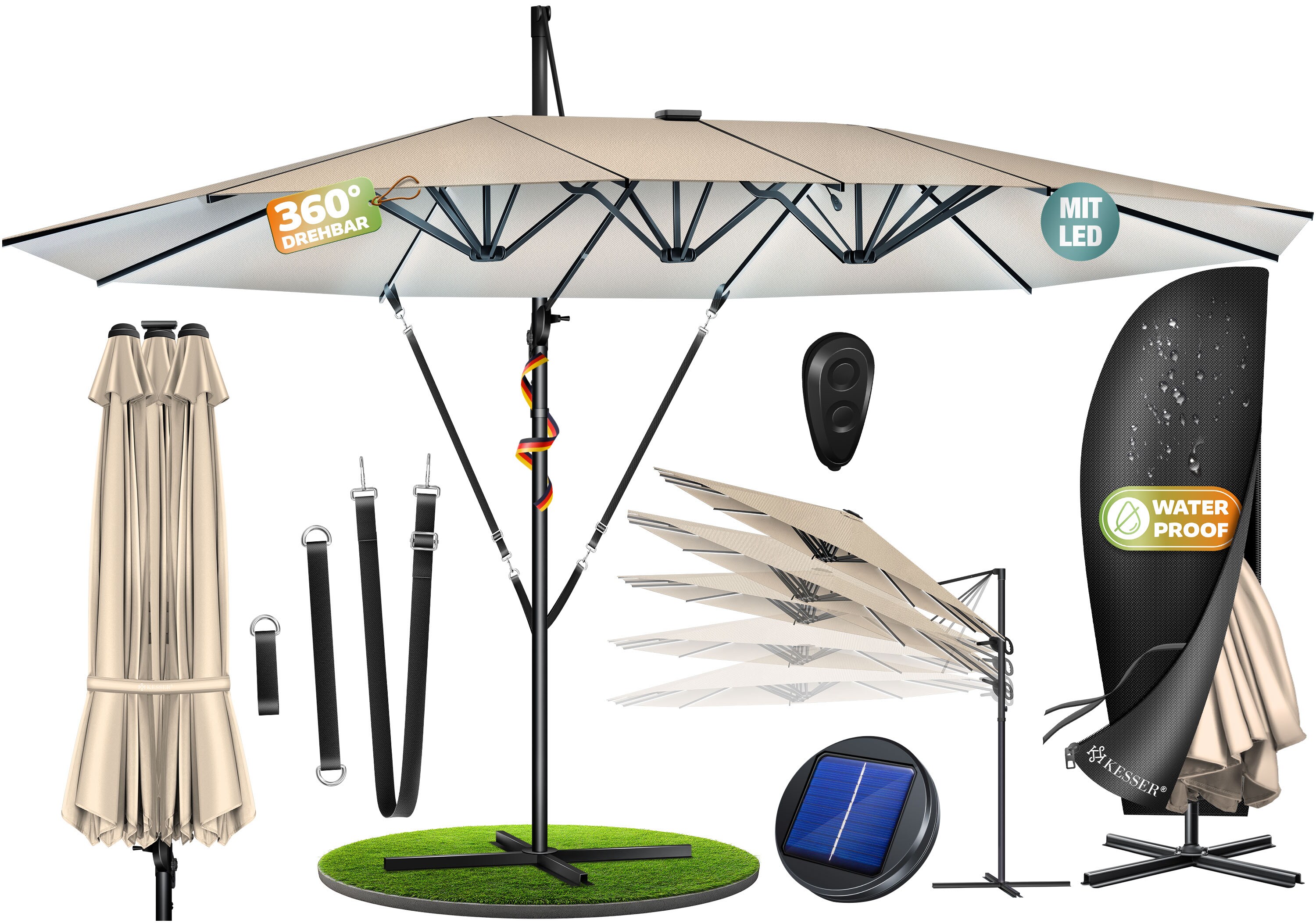 KESSER&reg; Sonnenschirm Doppelsonnenschirm 4,6m x 2,7m | Ampelschirm Abdeckung & Windsicherung mit Kurbel & St&auml;nder | Kurbelschirm Aluminium wasserabweisend | Neigbar Kippbar 360&deg; Drehbar 