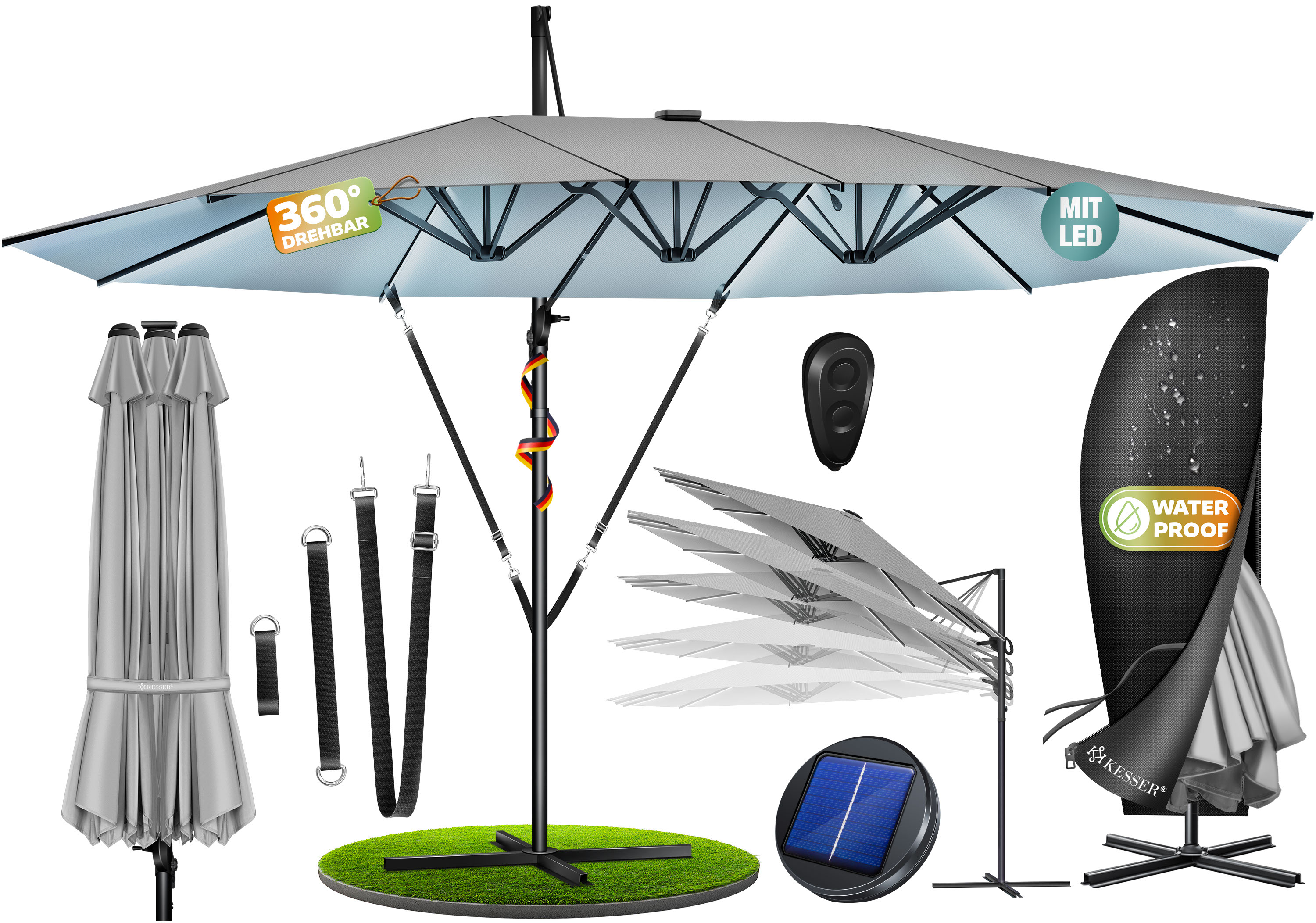 KESSER&reg; Sonnenschirm Doppelsonnenschirm 4,6m x 2,7m | Ampelschirm Abdeckung & Windsicherung mit Kurbel & St&auml;nder | Kurbelschirm Aluminium wasserabweisend | Neigbar Kippbar 360&deg; Drehbar 