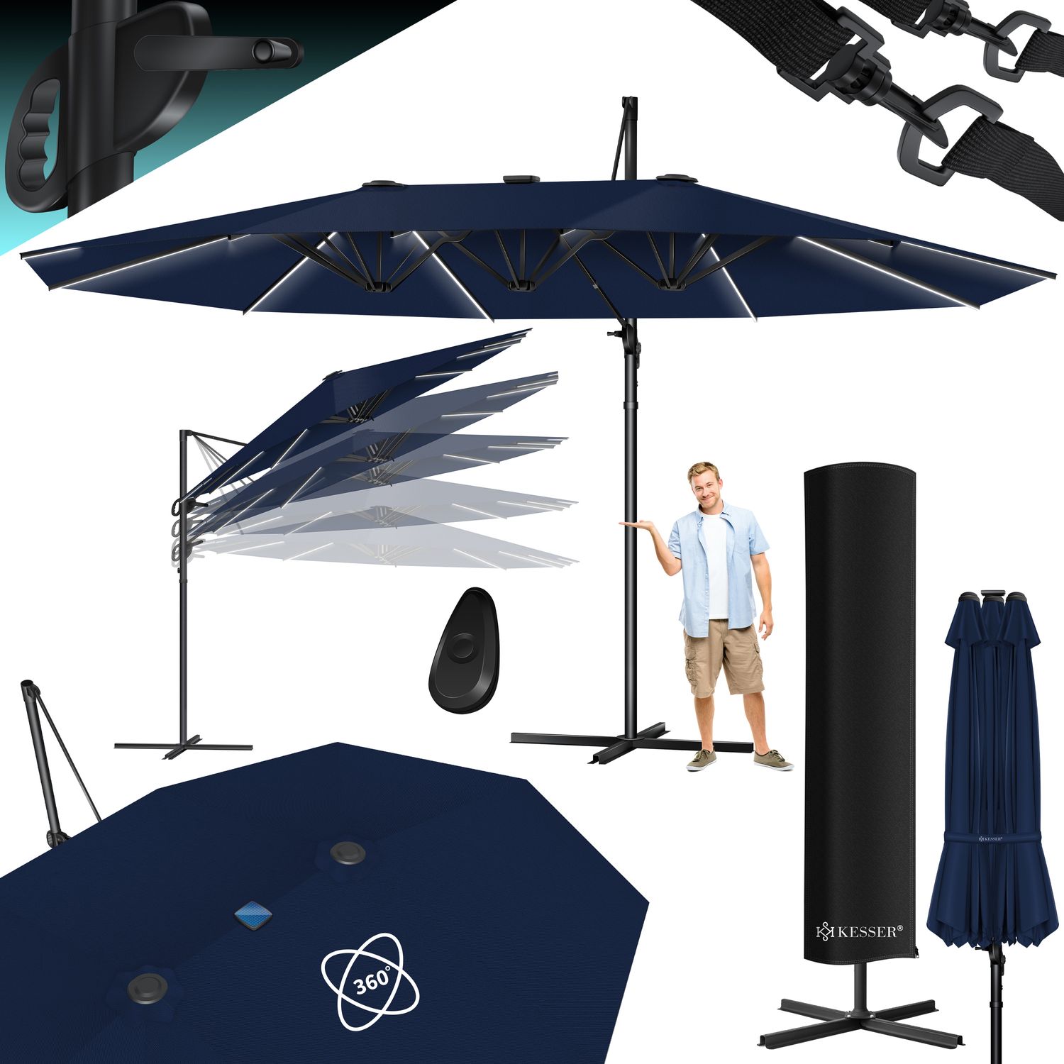 KESSER&reg; Sonnenschirm Doppelsonnenschirm 4,6m x 2,7m | Ampelschirm Abdeckung & Windsicherung mit Kurbel & St&auml;nder | Kurbelschirm Aluminium wasserabweisend | Neigbar Kippbar 360&deg; Drehbar 