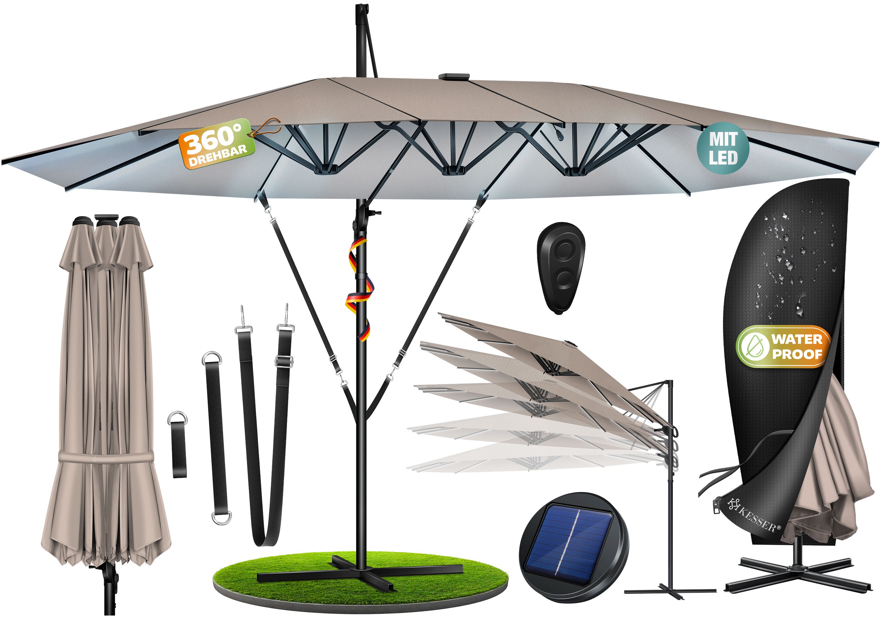 KESSER&reg; Sonnenschirm Doppelsonnenschirm 4,6m x 2,7m | Ampelschirm Abdeckung & Windsicherung mit Kurbel & St&auml;nder | Kurbelschirm Aluminium wasserabweisend | Neigbar Kippbar 360&deg; Drehbar 