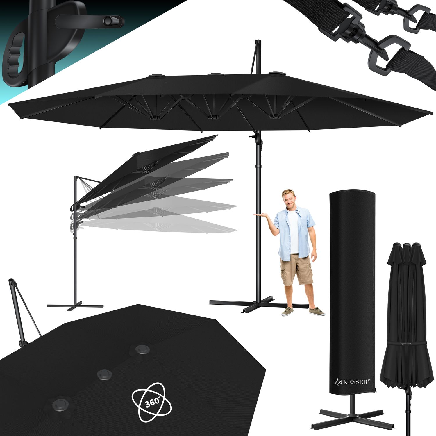KESSER&reg; Sonnenschirm Doppelsonnenschirm 4,6m x 2,7m | Ampelschirm Abdeckung & Windsicherung mit Kurbel & St&auml;nder | Kurbelschirm Aluminium wasserabweisend | Neigbar Kippbar 360&deg; Drehbar 