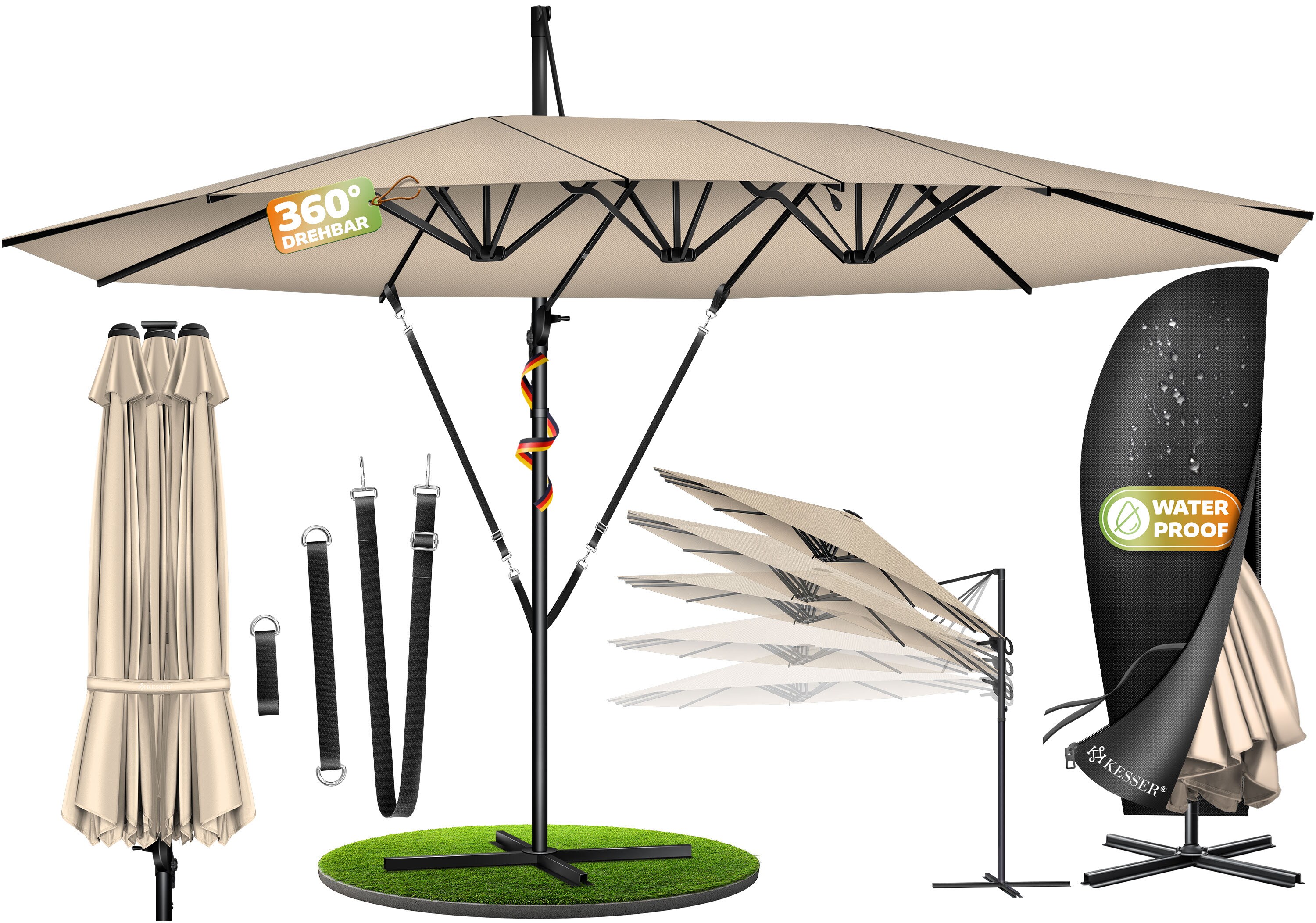 KESSER&reg; Sonnenschirm Doppelsonnenschirm 4,6m x 2,7m | Ampelschirm Abdeckung & Windsicherung mit Kurbel & St&auml;nder | Kurbelschirm Aluminium wasserabweisend | Neigbar Kippbar 360&deg; Drehbar 