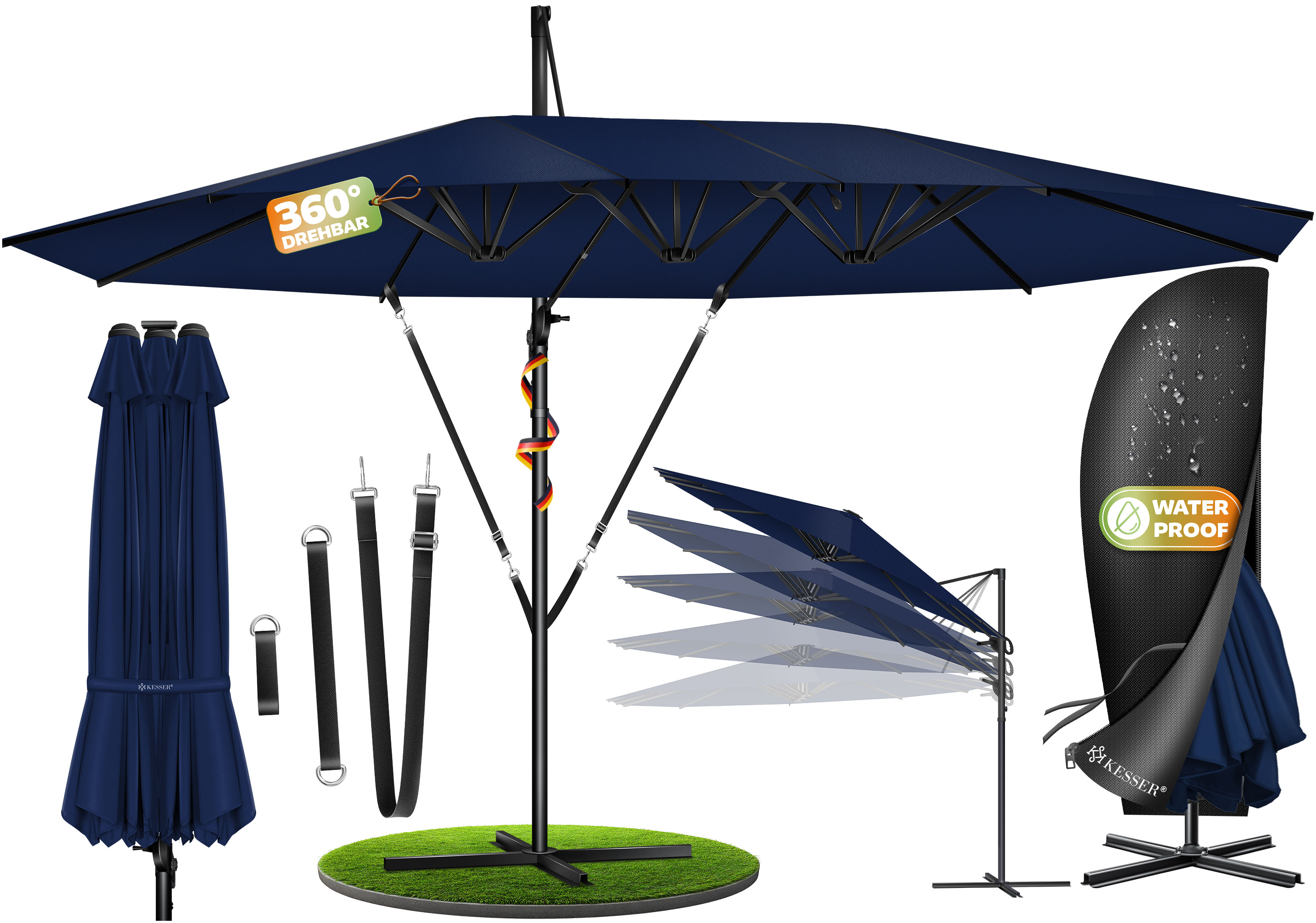 KESSER&reg; Sonnenschirm Doppelsonnenschirm 4,6m x 2,7m | Ampelschirm Abdeckung & Windsicherung mit Kurbel & St&auml;nder | Kurbelschirm Aluminium wasserabweisend | Neigbar Kippbar 360&deg; Drehbar 