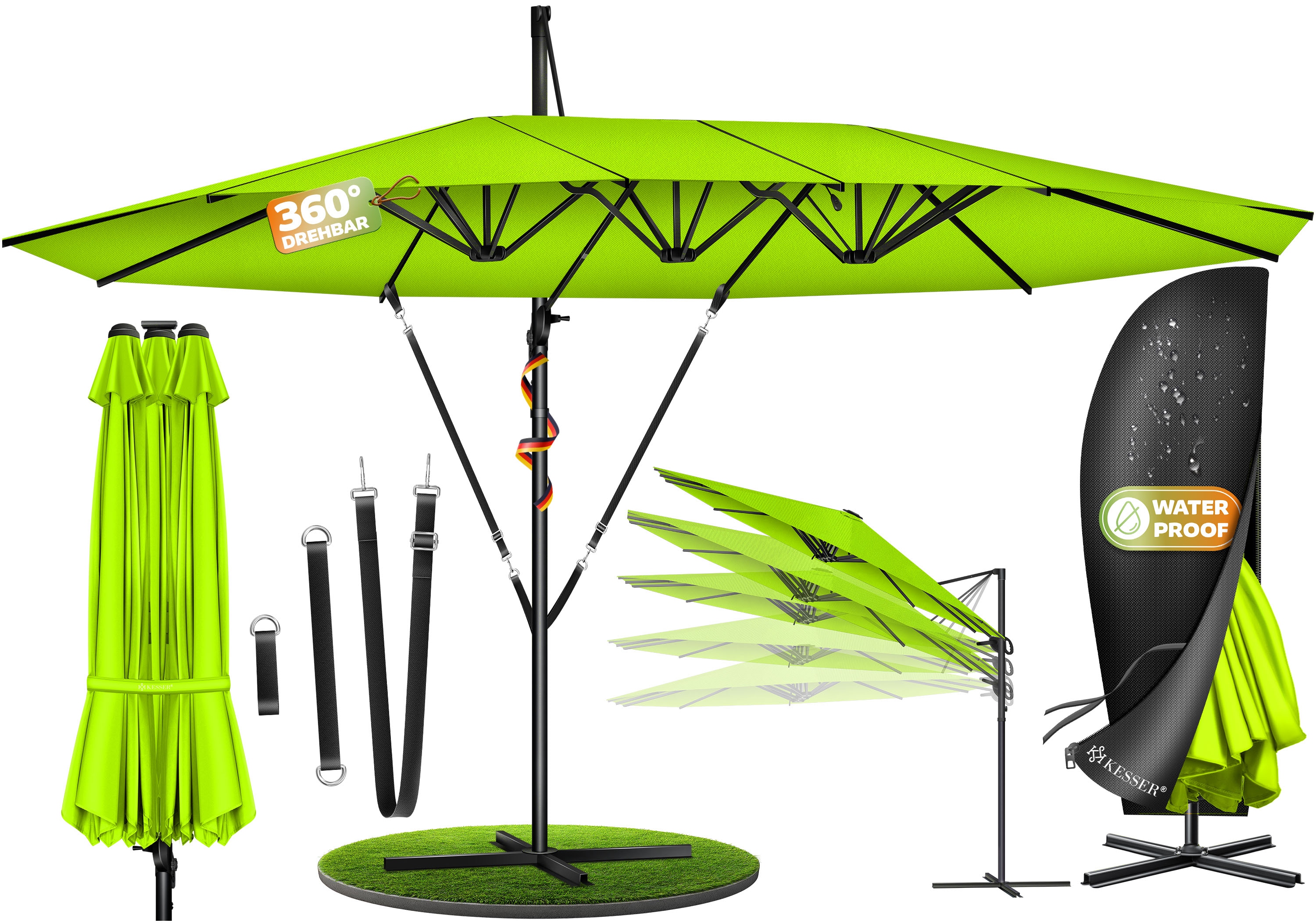 KESSER&reg; Sonnenschirm Doppelsonnenschirm 4,6m x 2,7m | Ampelschirm Abdeckung & Windsicherung mit Kurbel & St&auml;nder | Kurbelschirm Aluminium wasserabweisend | Neigbar Kippbar 360&deg; Drehbar 