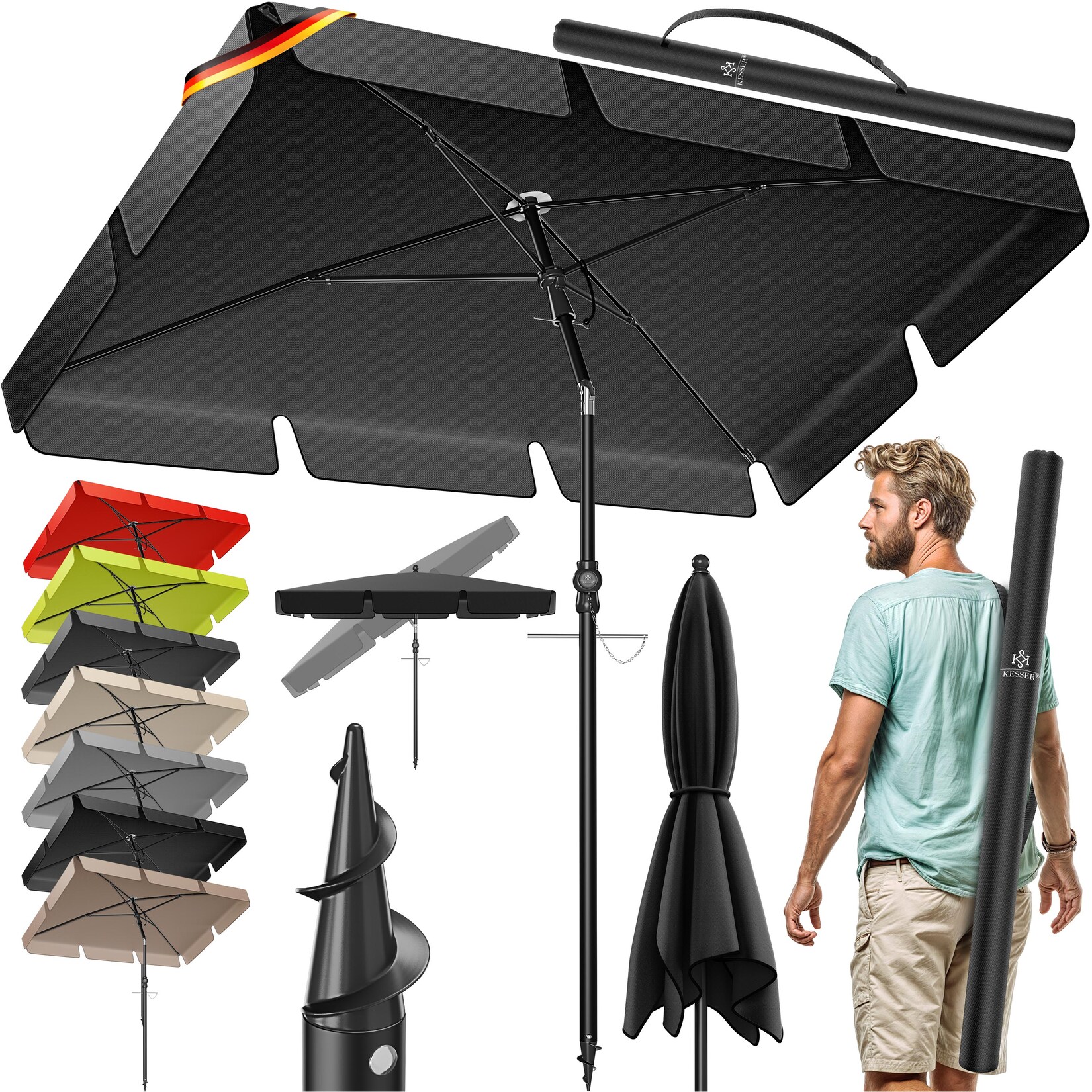 ® Sonnenschirm Rechteckig Inkl. 2in1 Abdeckung & Transporttasche Gartenschirm Terrassenschirm   Schirm 200 × 125cm für Balkon Garten & Terrasse   Neigungswinkel und Höhe verstellbar