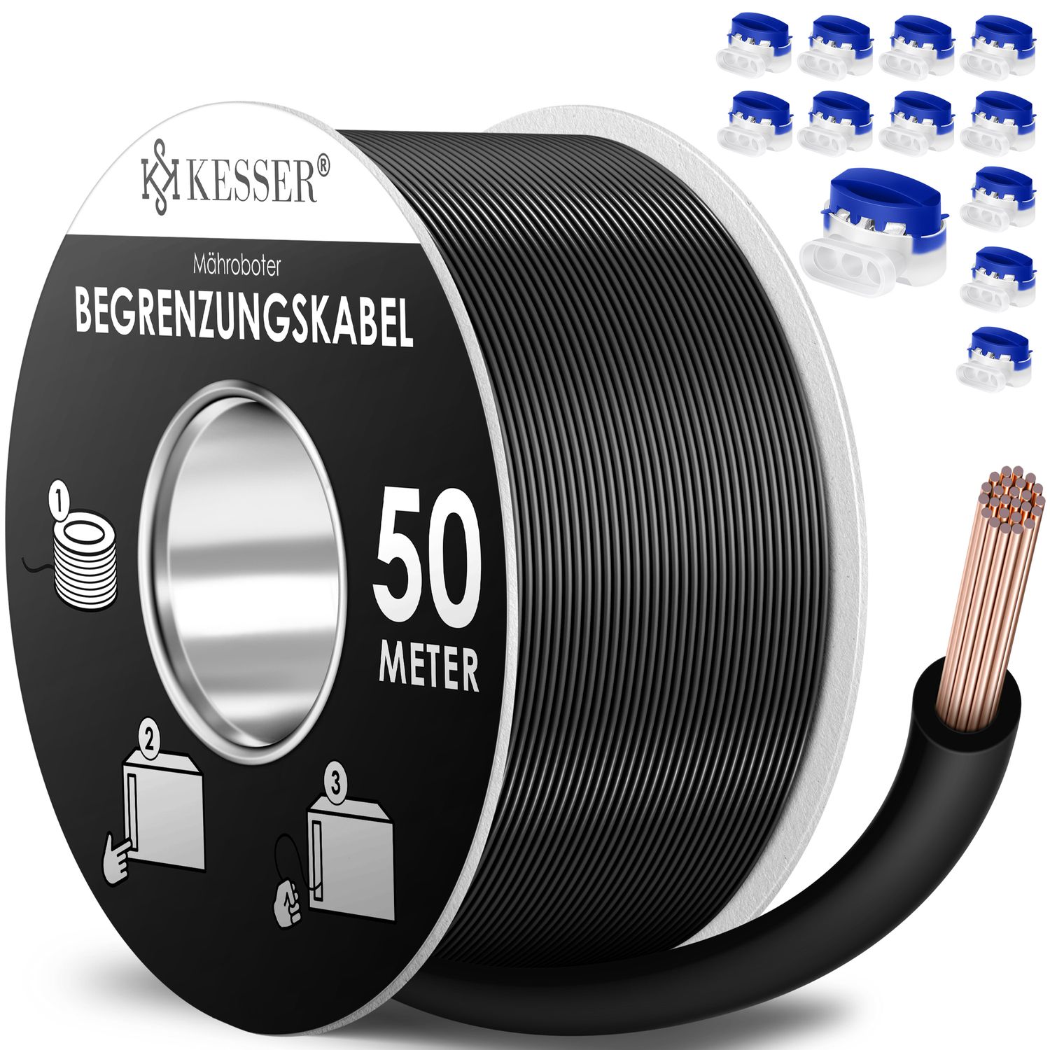 KESSER&reg; Begrenzungskabel + Erdspie&szlig;e + Kabelverbinder f&uuml;r M&auml;hroboter Rasenm&auml;her Rasenroboter Zubeh&ouml;r SET Begrenzungsdraht Universal kompatibel mit GARDENA/BOSCH/WORX/HONDA/ROBOMOW 